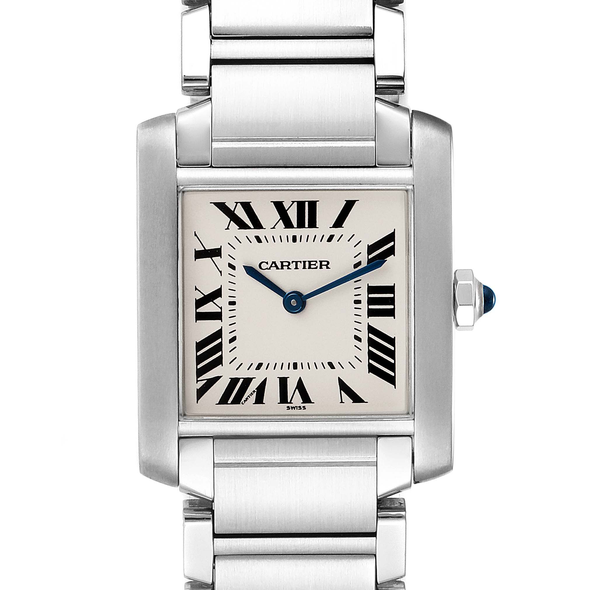 The image shows a frontal view of the Cartier Tank Francaise WSTA0005 Women
s Stainless Steel Silver Dial WSTA0005 Women
s Stainless Steel Silver Dial watch, highlighting its rectangular dial, Roman numerals, and metal bracelet.
