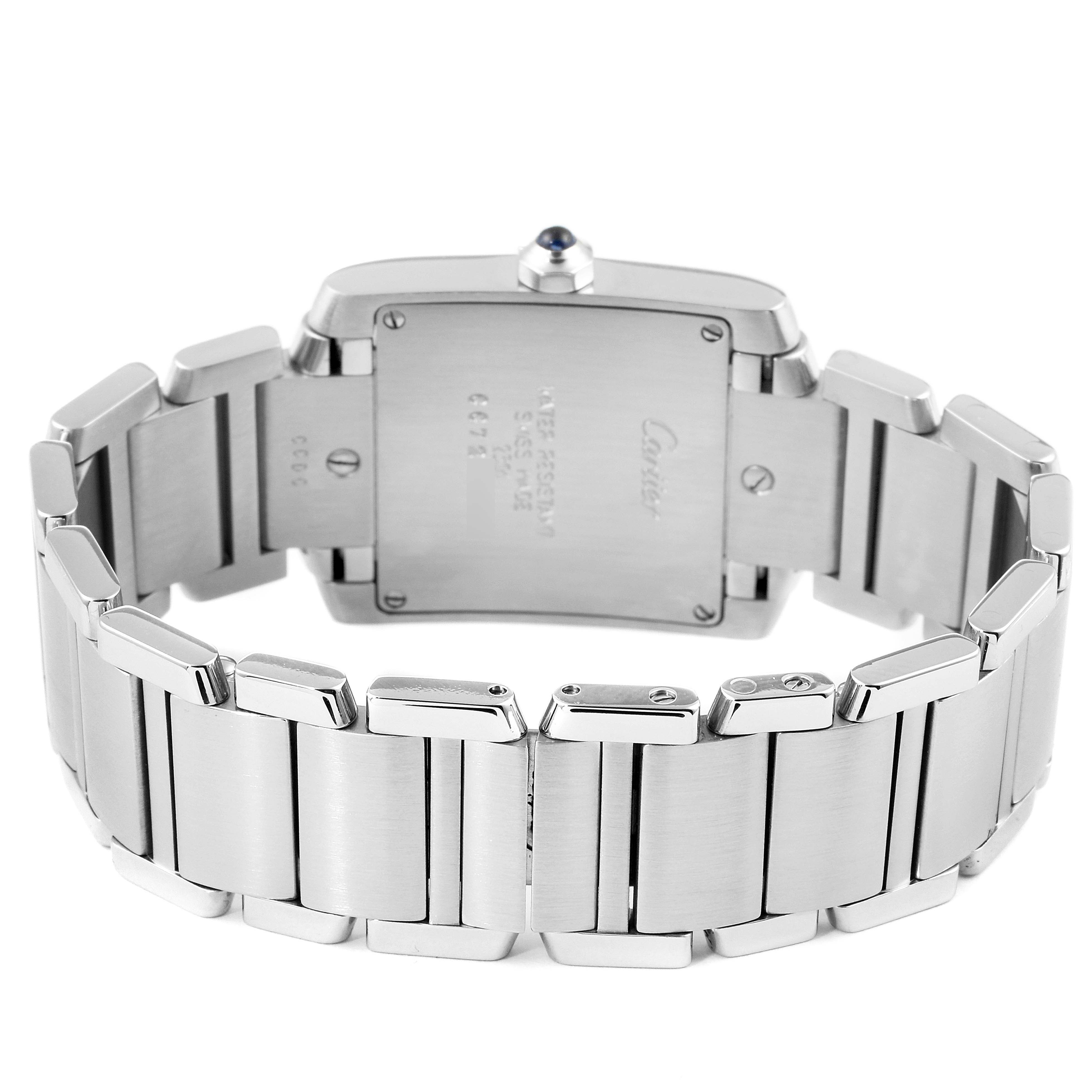 The image shows the back view of a Cartier Tank Francaise WSTA0005 Women
s Stainless Steel Silver Dial WSTA0005 Women
s Stainless Steel Silver Dial watch, highlighting its stainless steel case and bracelet.