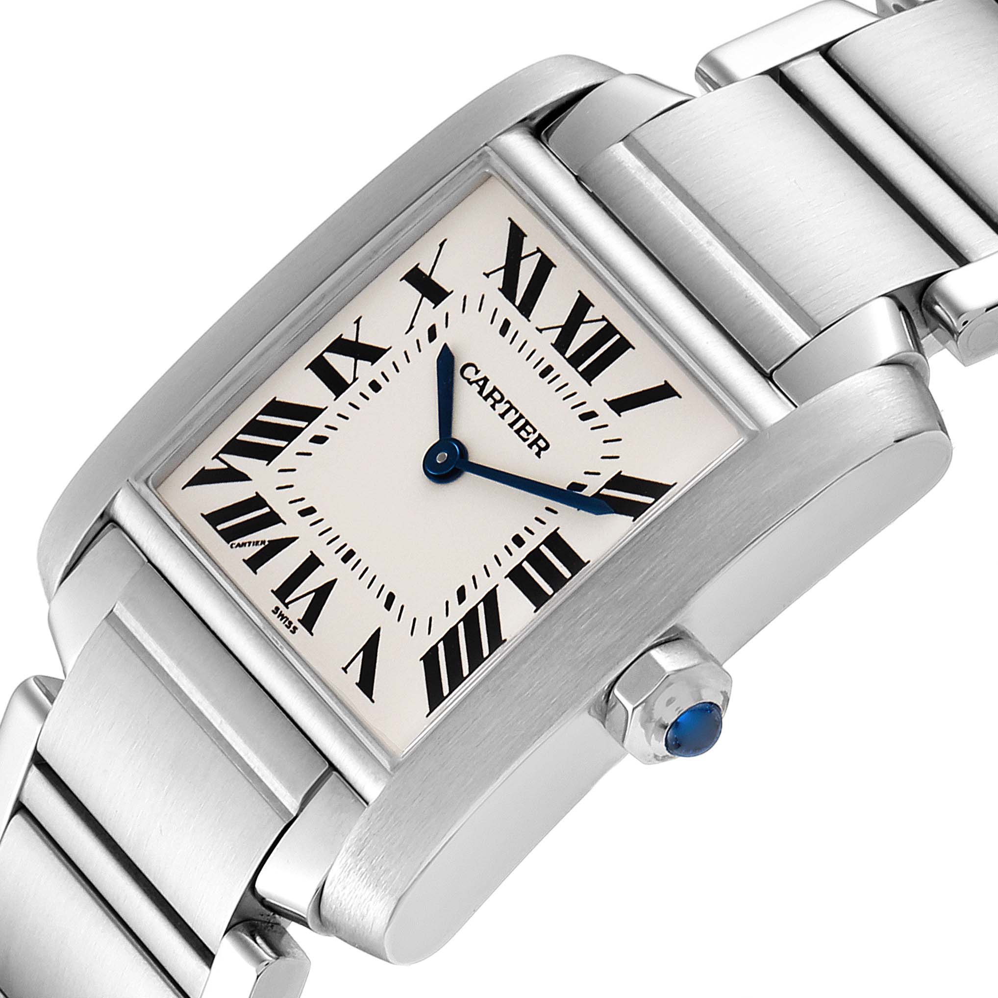 The image shows a close-up view of a Cartier Tank Française watch face, band, and crown at an angled perspective.