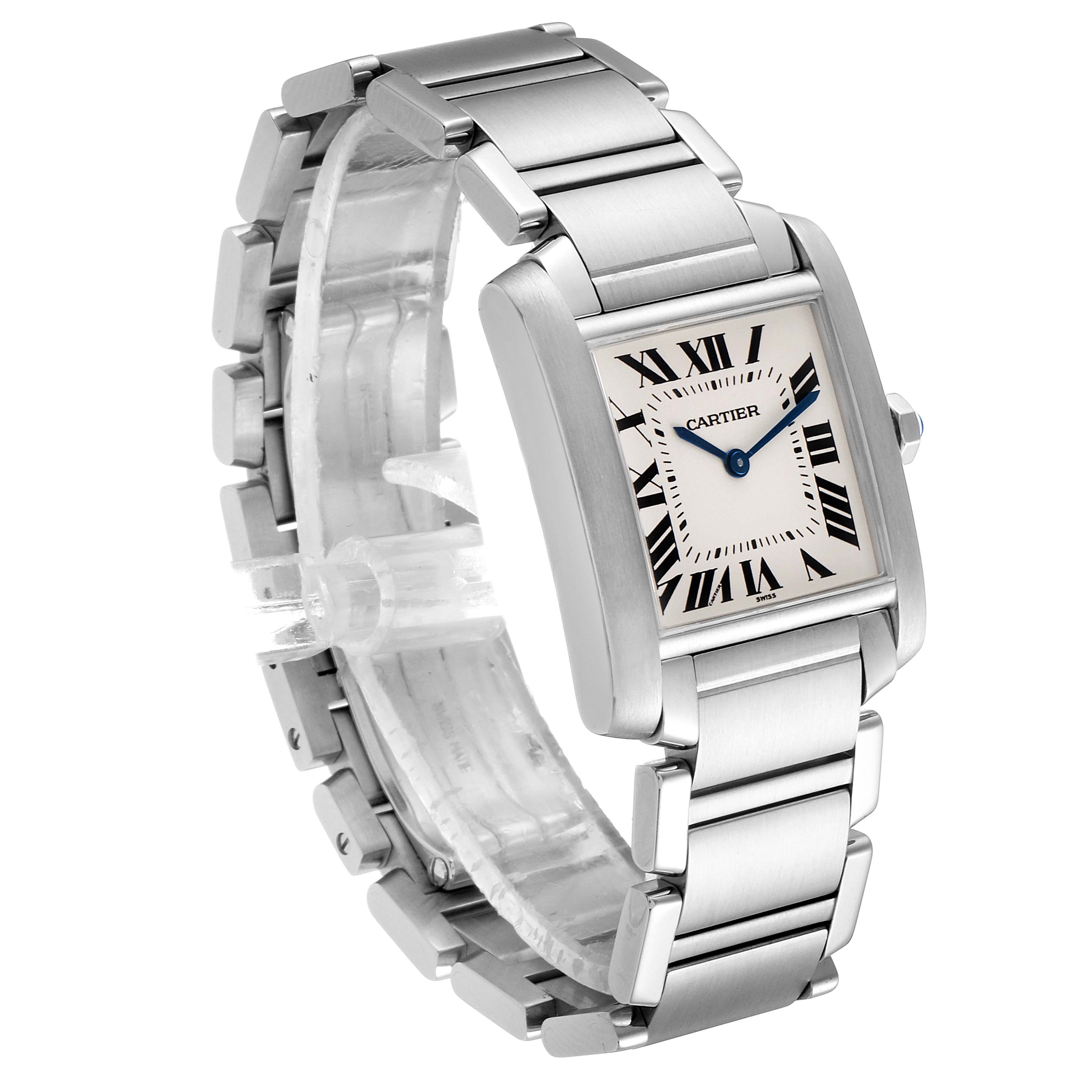 The Cartier Tank Francaise WSTA0005 Women
s Stainless Steel Silver Dial WSTA0005 Women
s Stainless Steel Silver Dial watch is shown from an angled view, highlighting its rectangular face, metal strap, and Roman numeral dial.