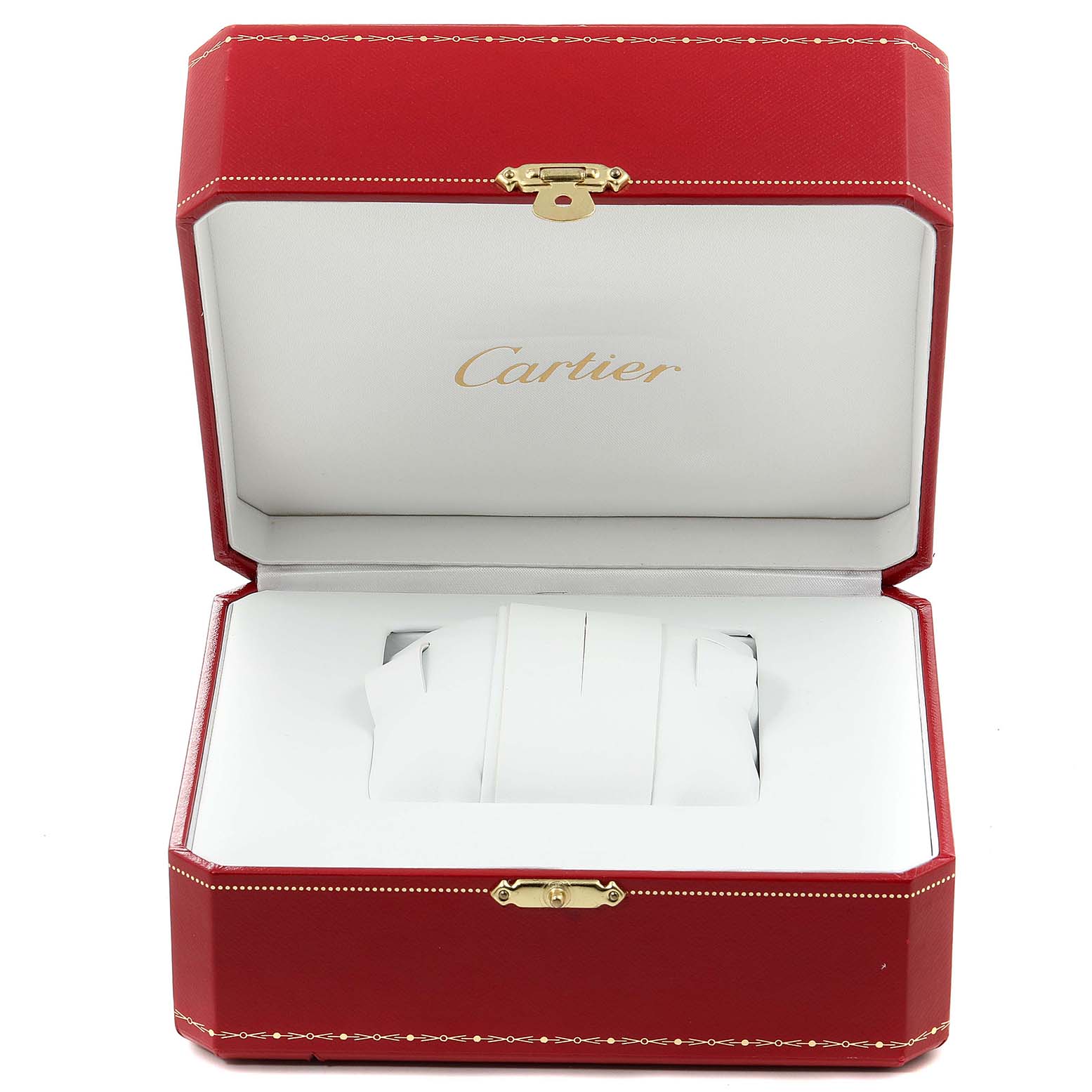 The image shows an open red jewelry box with a Cartier logo, likely containing the Tank Française watch by Cartier.