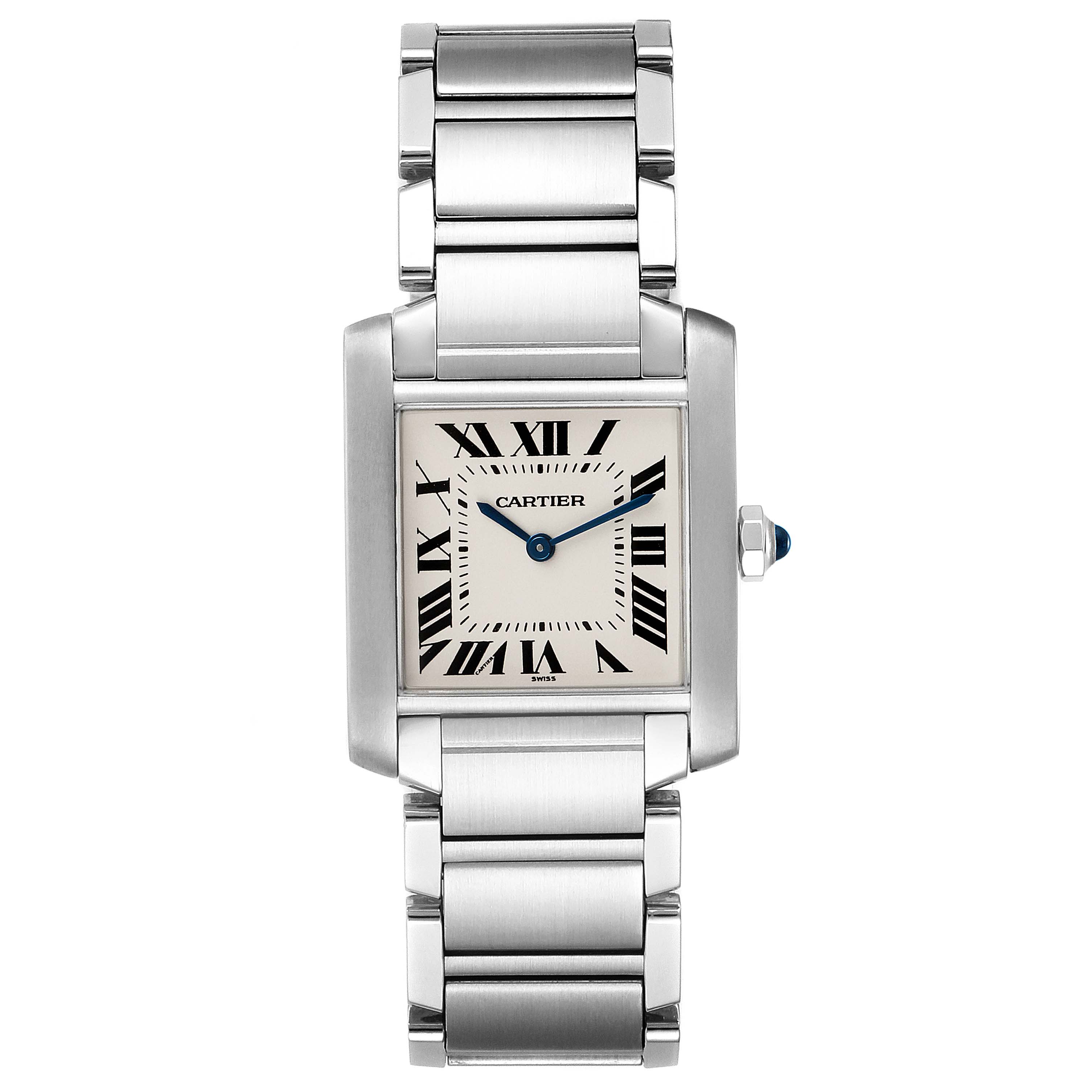 This image shows a front view of a Cartier Tank Française watch with a silver bracelet and Roman numeral dial.