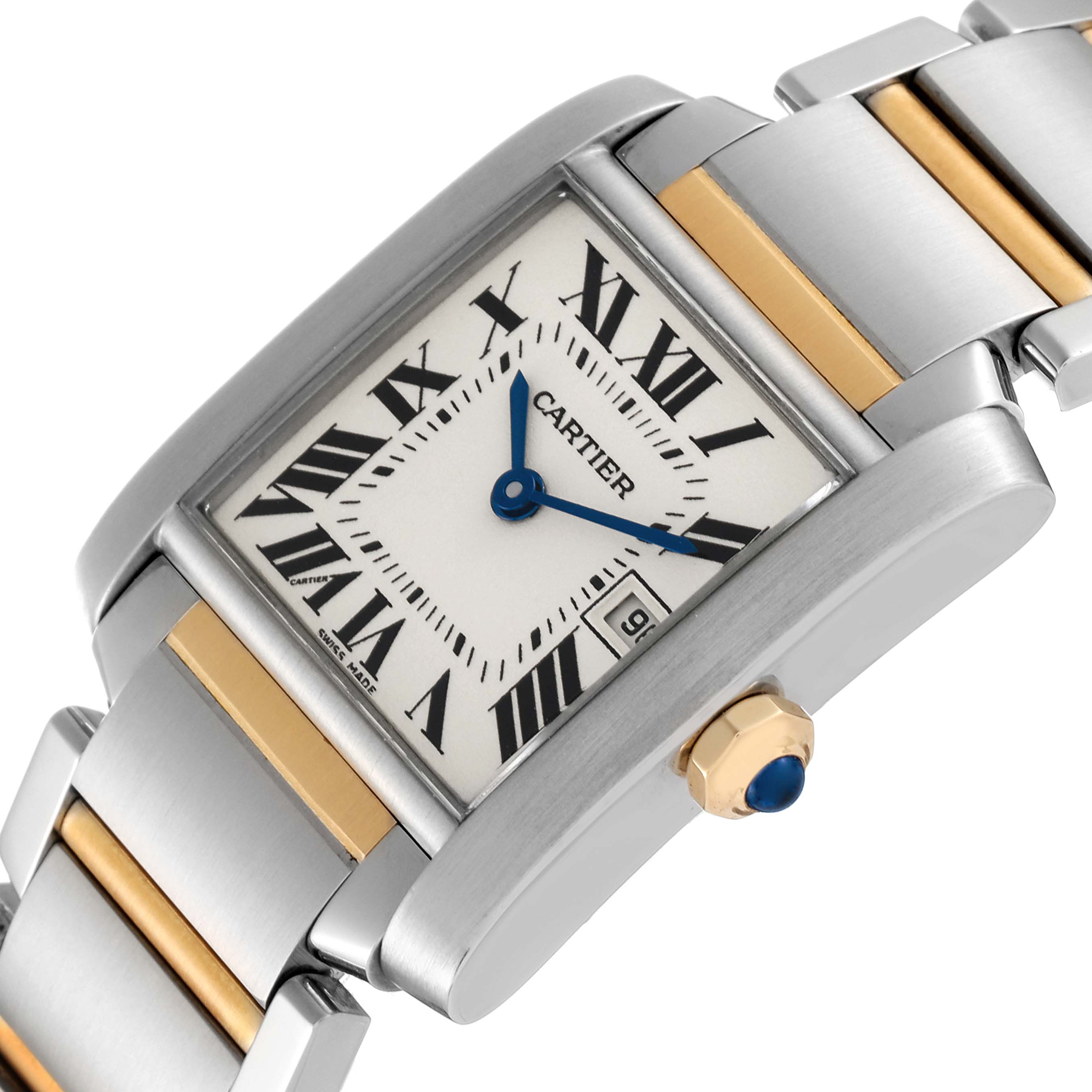 The image shows a close-up angled view of the Cartier Tank Francaise W51012Q4 Women's Steel and Gold (two tone) Silver Dial W51012Q4 Women's Steel and Gold (two tone) Silver Dial watch, highlighting its dial, bracelet, and crown.