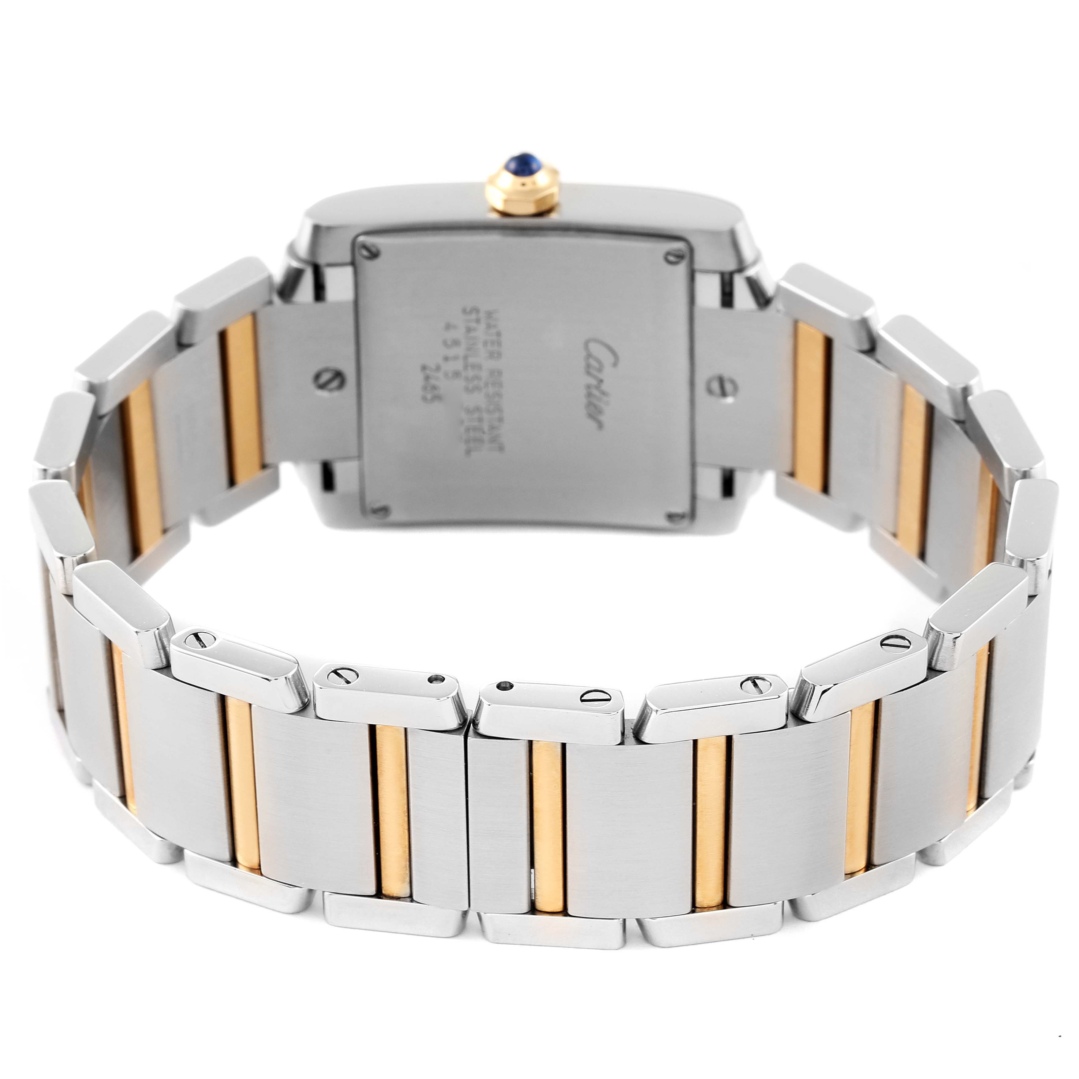 The image shows the back case and bracelet of a Cartier Tank Francaise W51012Q4 Women's Steel and Gold (two tone) Silver Dial W51012Q4 Women's Steel and Gold (two tone) Silver Dial watch, highlighting its two-tone metal links.