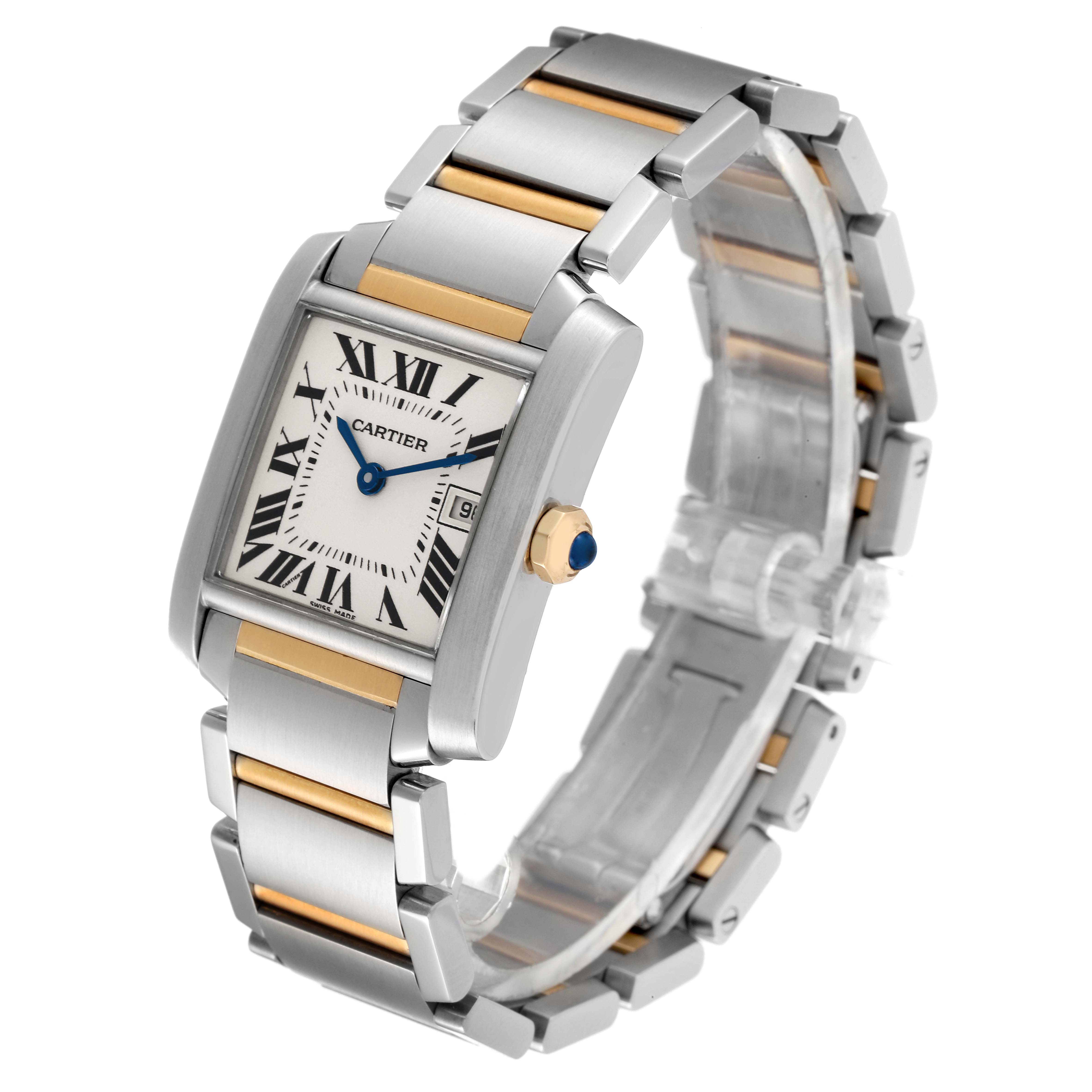 The Cartier Tank Francaise W51012Q4 Women's Steel and Gold (two tone) Silver Dial W51012Q4 Women's Steel and Gold (two tone) Silver Dial watch is shown at an angled view, displaying its face, bracelet, crown, and clasp.