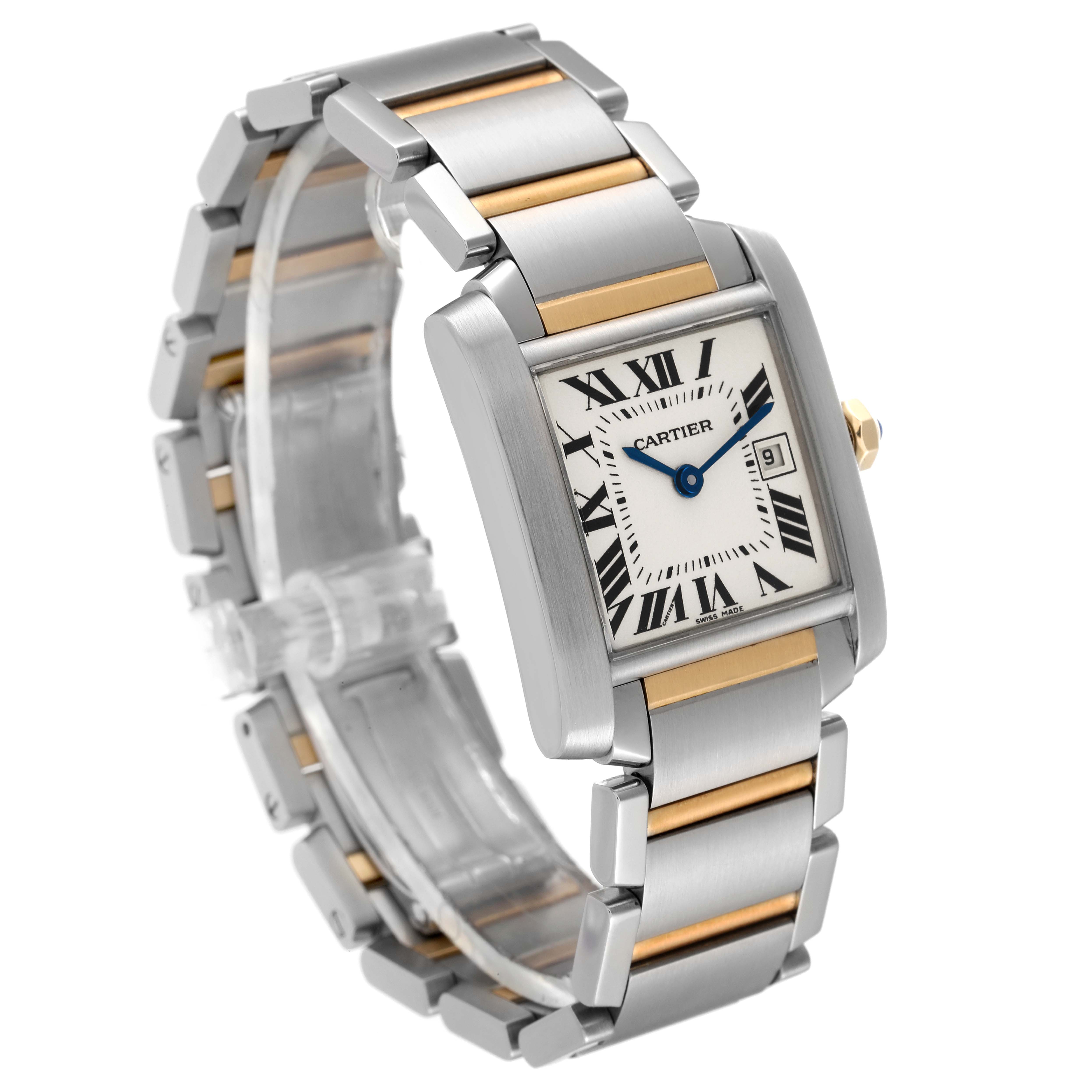 The Cartier Tank Francaise W51012Q4 Women's Steel and Gold (two tone) Silver Dial W51012Q4 Women's Steel and Gold (two tone) Silver Dial watch is shown at an angled view displaying the face, bracelet, and clasp.