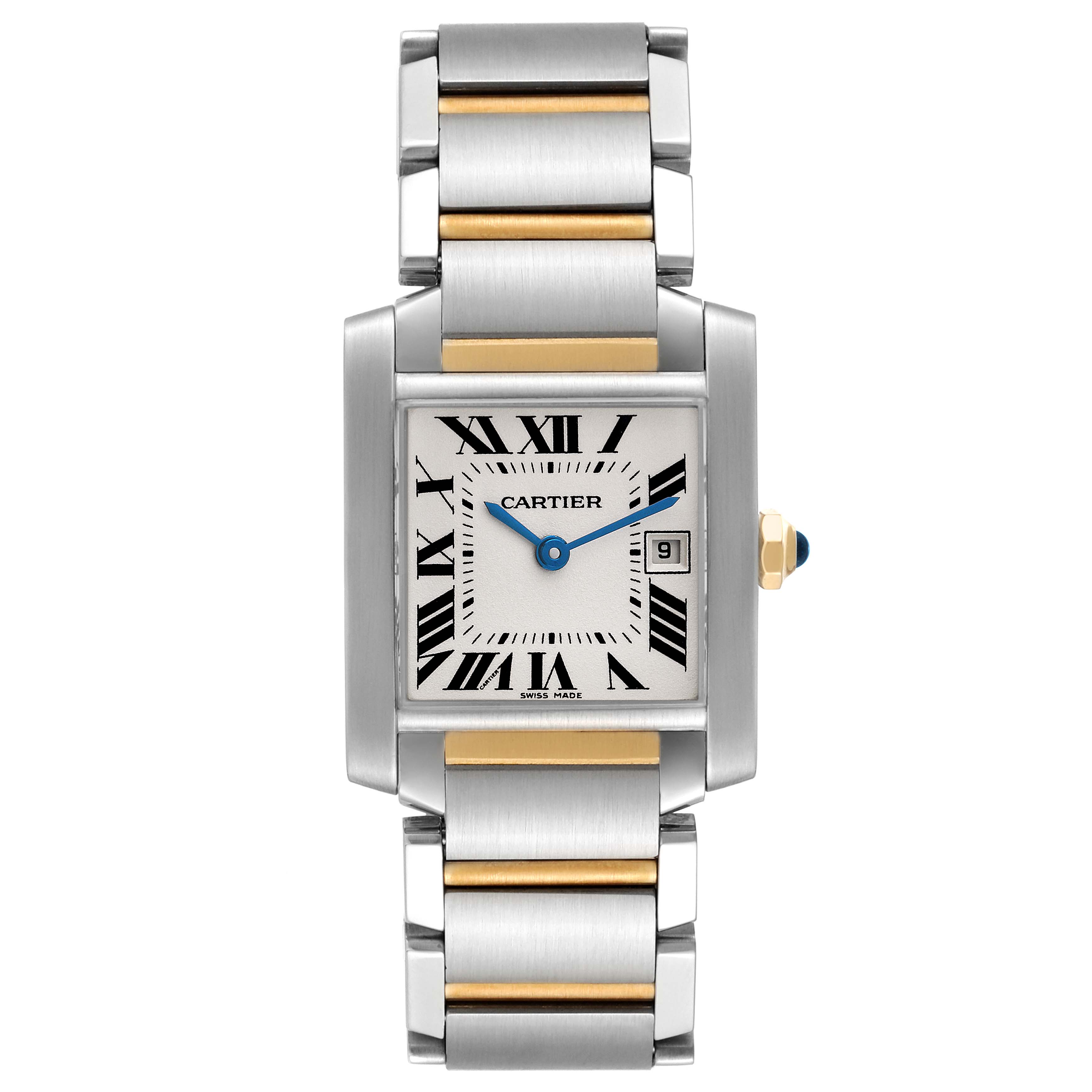 The image shows a front view of a Cartier Tank Francaise W51012Q4 Women's Steel and Gold (two tone) Silver Dial W51012Q4 Women's Steel and Gold (two tone) Silver Dial watch, displaying its face and two-tone bracelet.