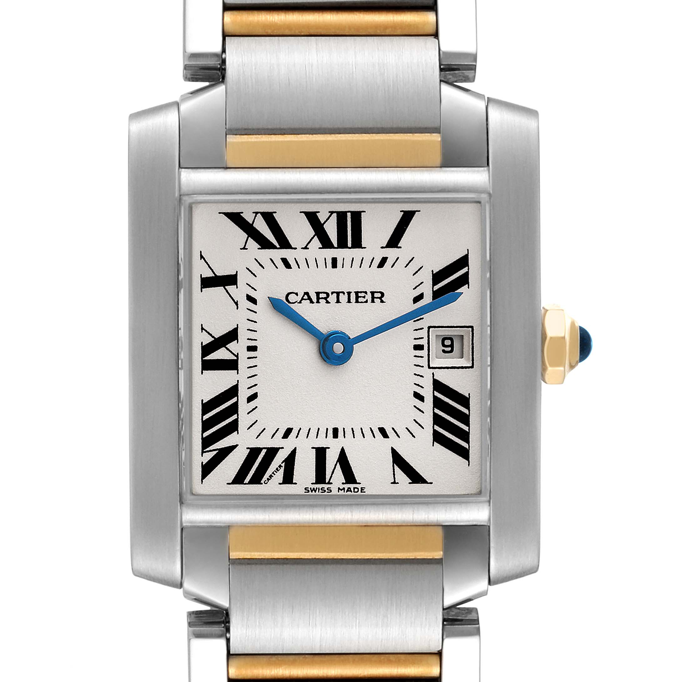 Front close-up view of the Cartier Tank Française watch, showing the dial, Roman numerals, and part of the metal bracelet.