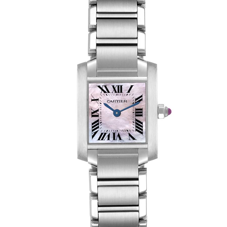 The Cartier Tank Française watch is shown from a front angle, displaying the face, Roman numerals, and metal bracelet.