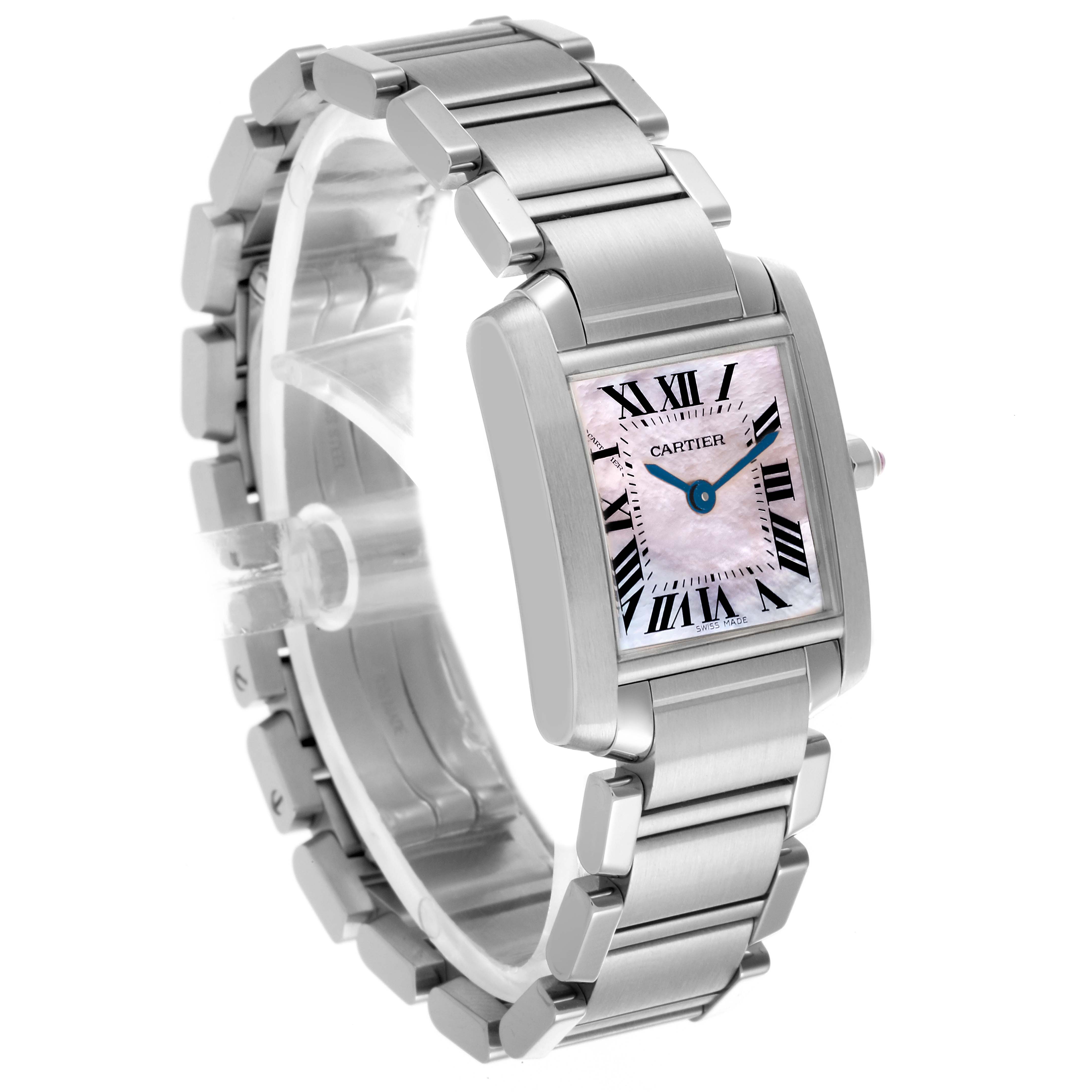 The Cartier Tank Francaise W51028Q3 Women's Stainless Steel Mother of Pearl Dial W51028Q3 Women's Stainless Steel Mother of Pearl Dial watch is shown at a three-quarter angle, displaying its bracelet and rectangular face with Roman numerals.