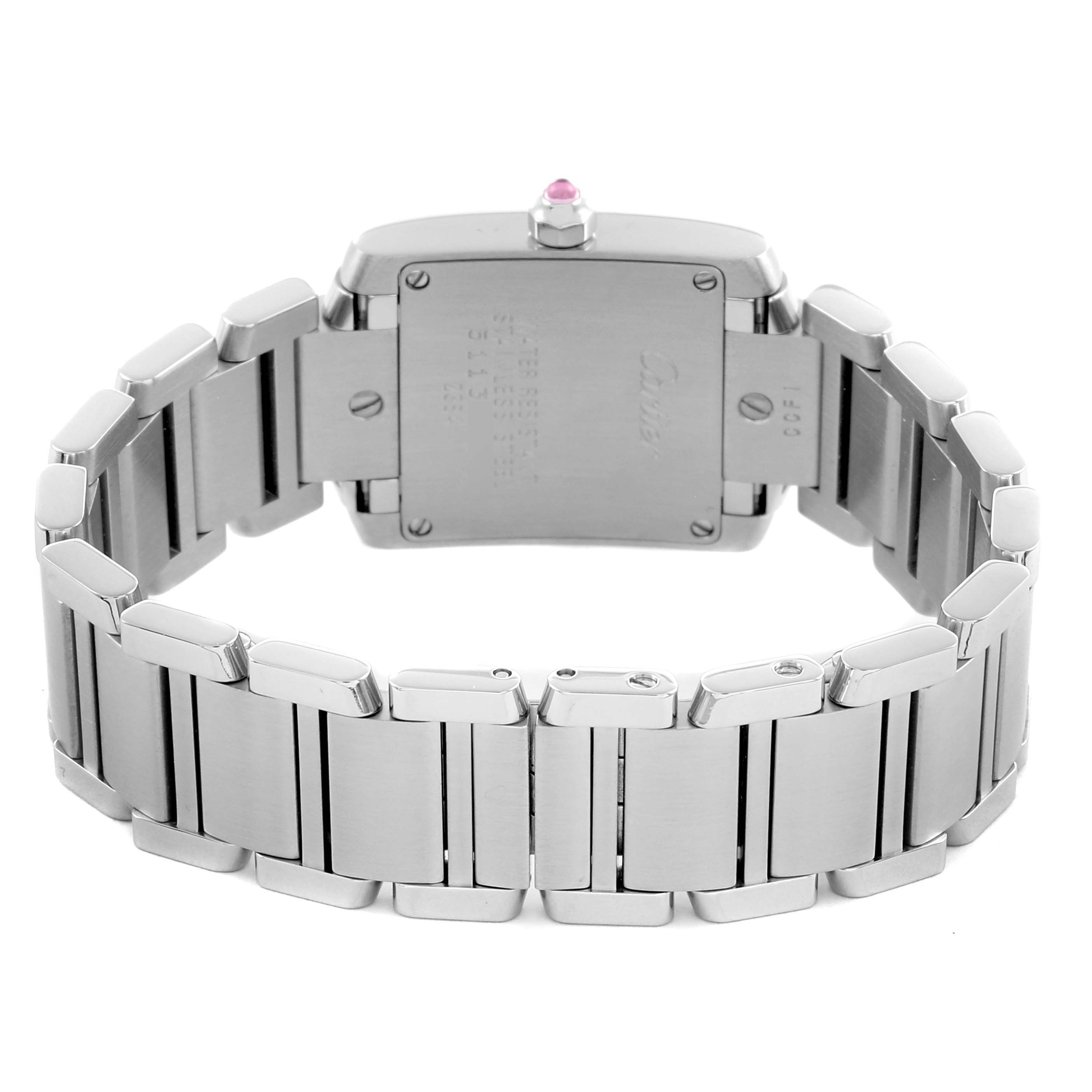 The image shows the back and bracelet of a Cartier Tank Française watch.