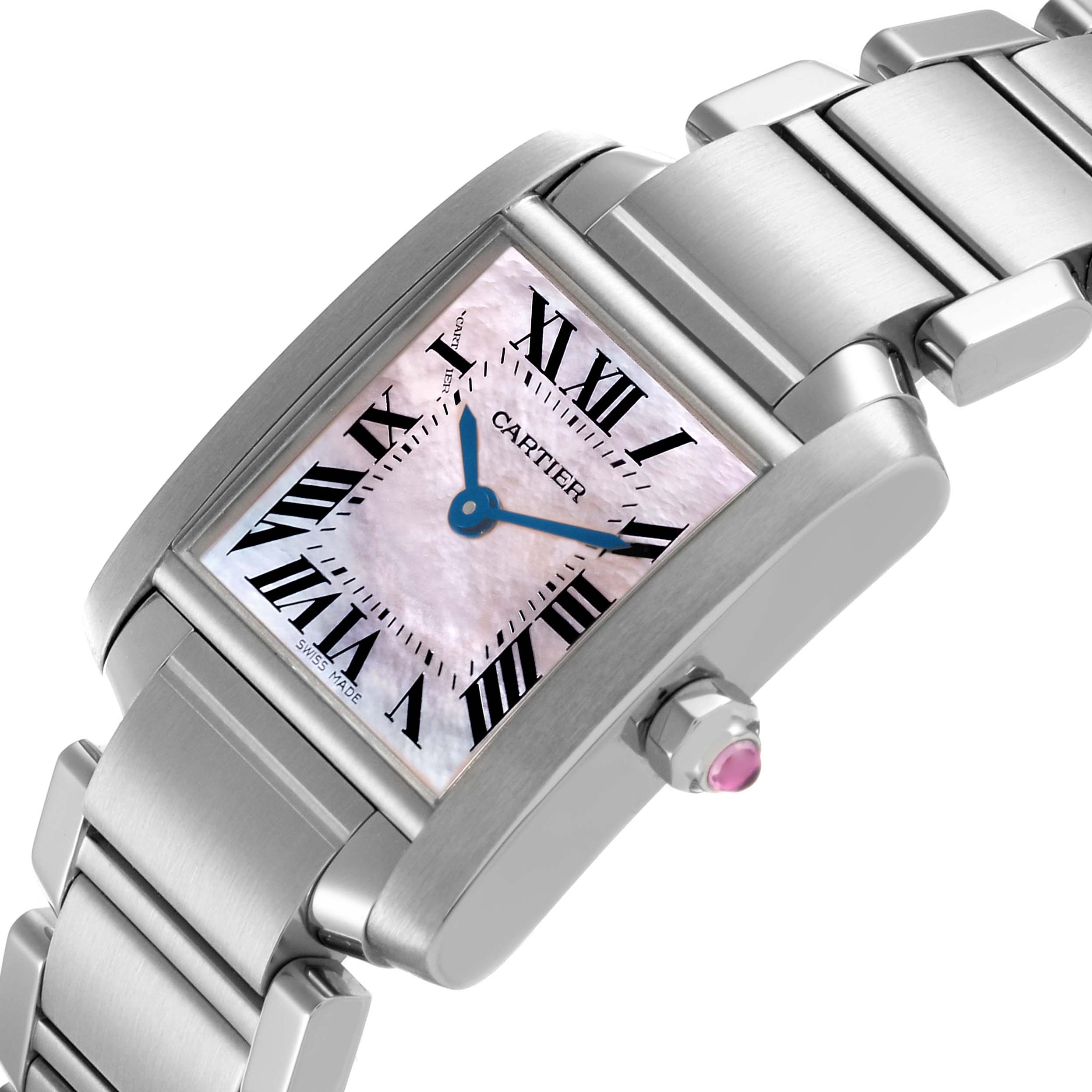 The Cartier Tank Française watch is shown at an angle highlighting the face, Roman numerals, and part of the bracelet.