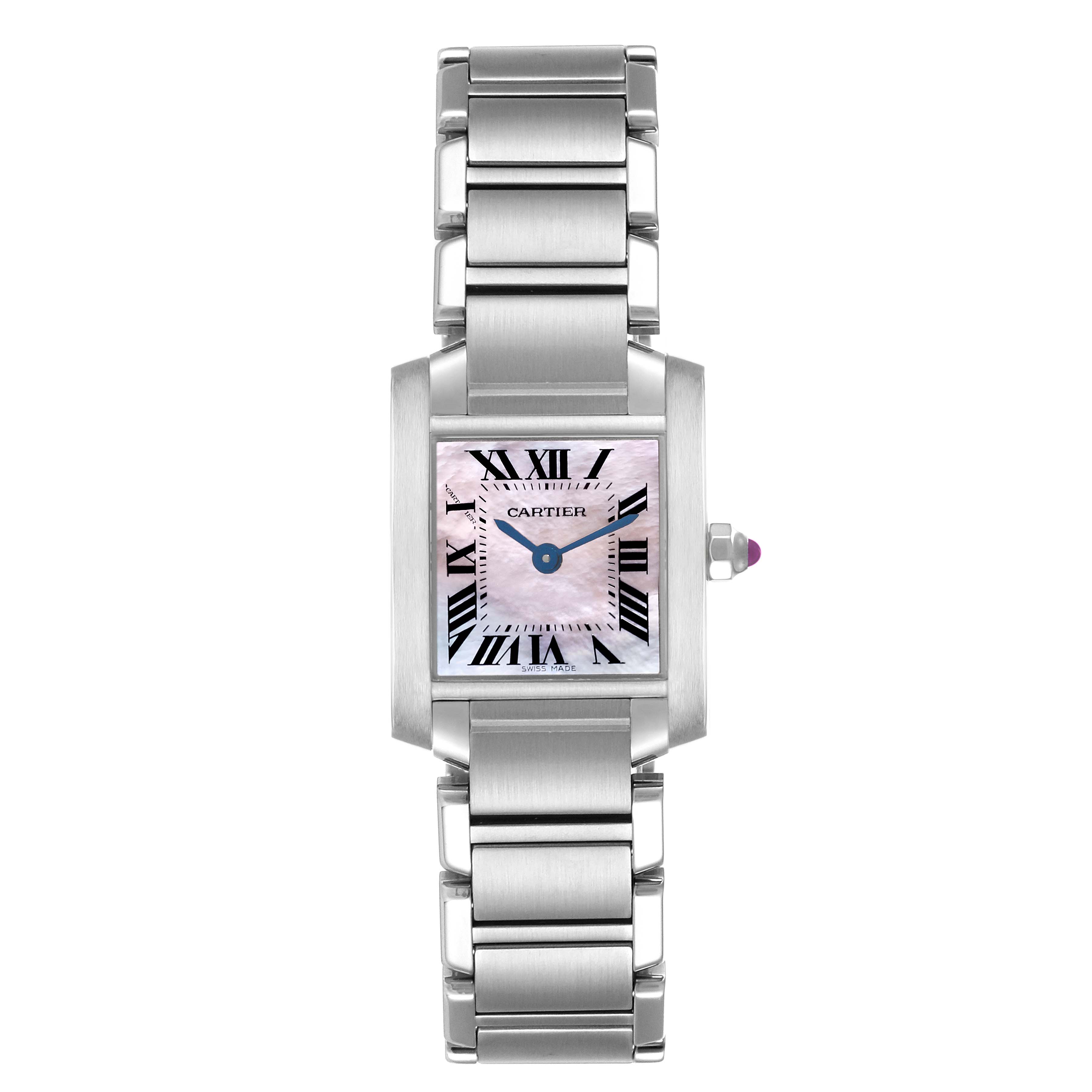 The Cartier Tank Française watch is shown from a top-down angle, highlighting the face, chain-link bracelet, and crown.