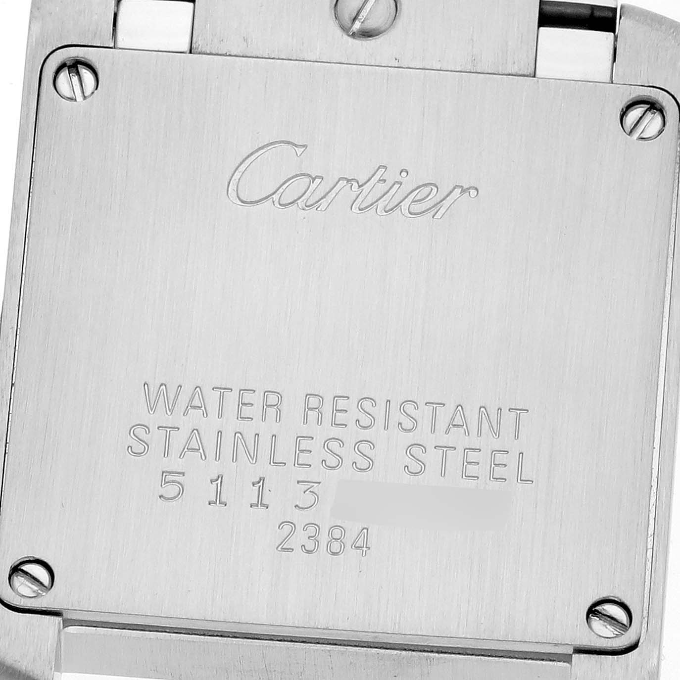 The image shows the back case of the Cartier Tank Française watch, highlighting the brand logo and model details.