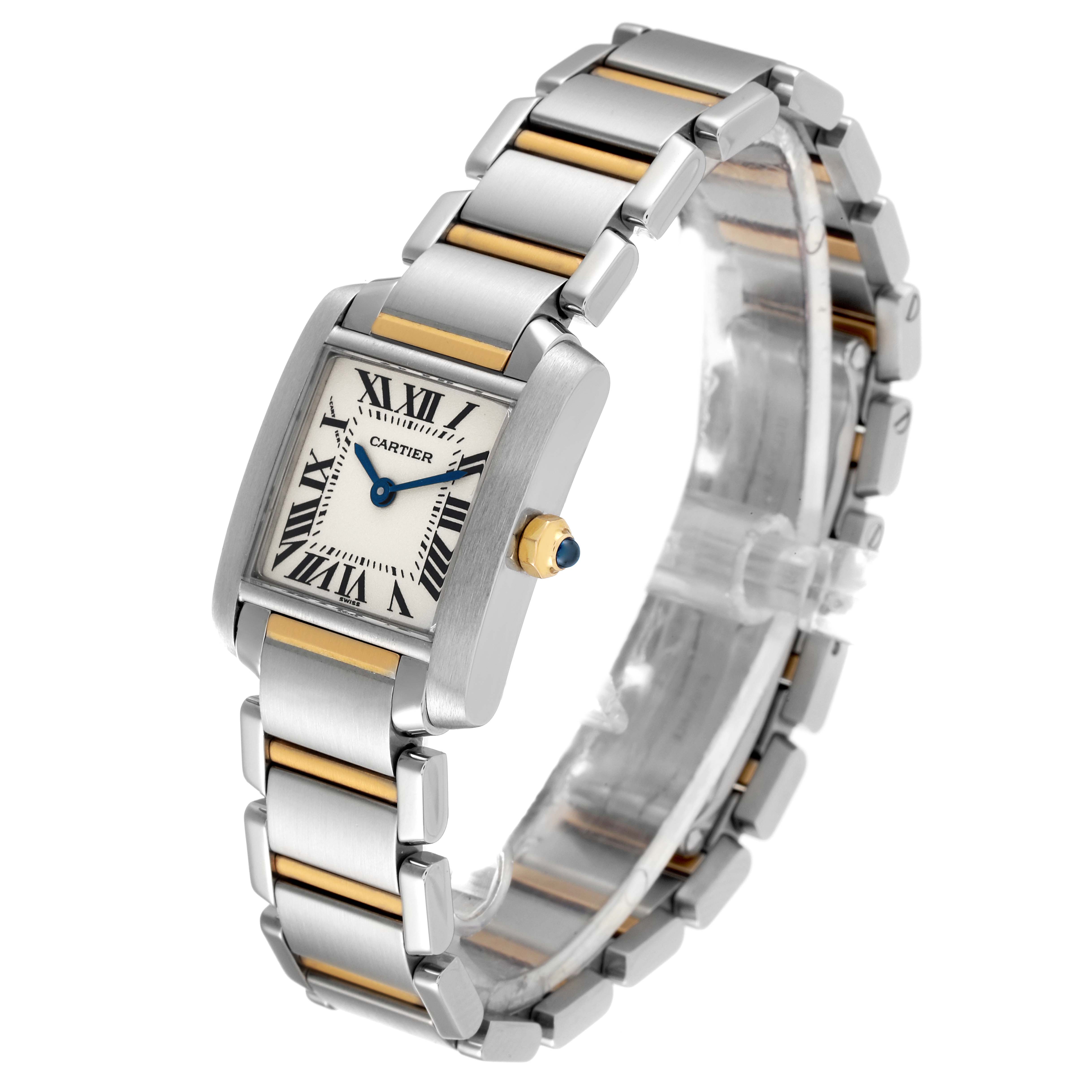 The image shows a front and slightly angled perspective of a Cartier Tank Francaise W51007Q4 Women's Steel and Gold (two tone) Silver Dial W51007Q4 Women's Steel and Gold (two tone) Silver Dial watch, highlighting its face and two-tone bracelet.