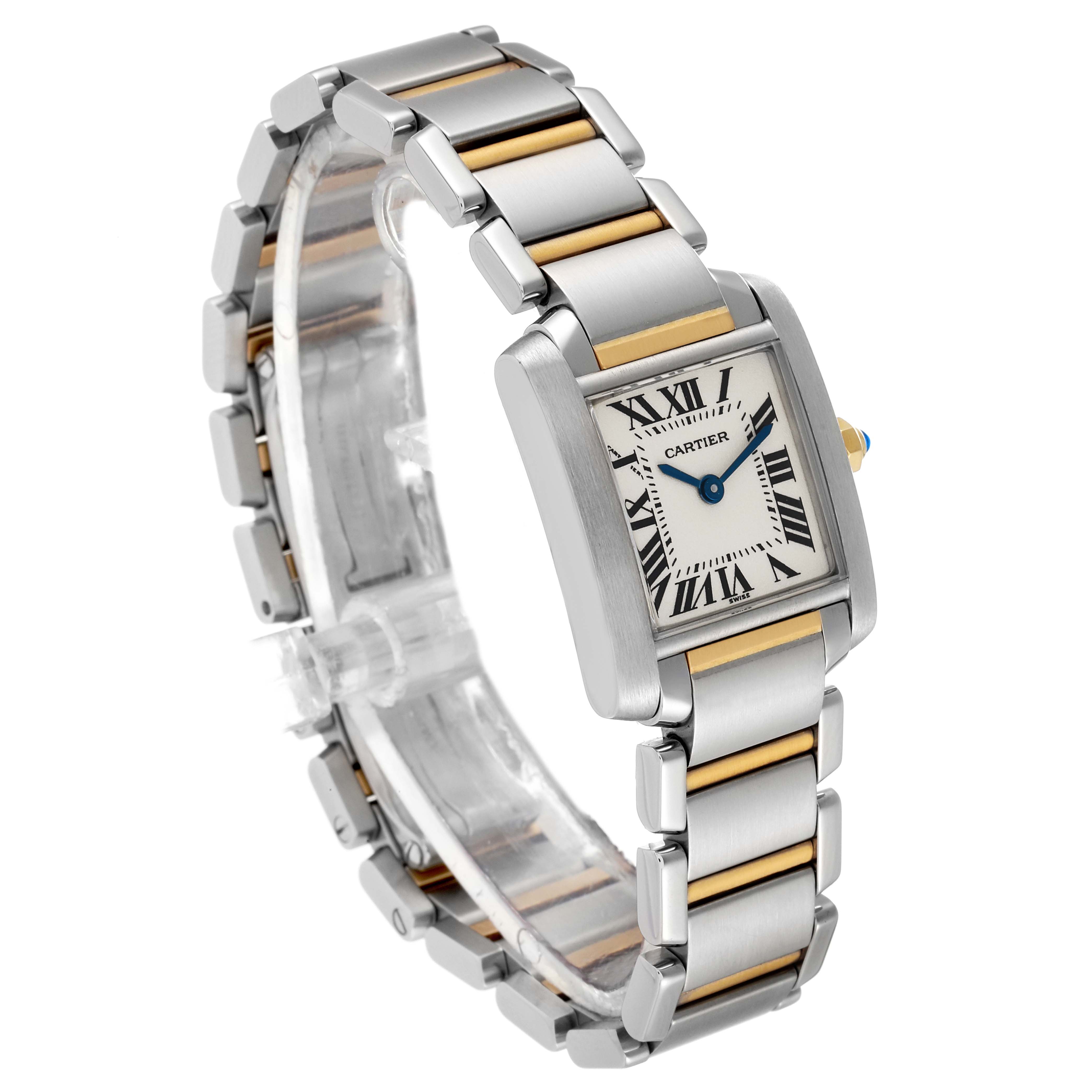 This image shows a Cartier Tank Francaise W51007Q4 Women's Steel and Gold (two tone) Silver Dial W51007Q4 Women's Steel and Gold (two tone) Silver Dial watch at a three-quarter angle, highlighting the face and bracelet.