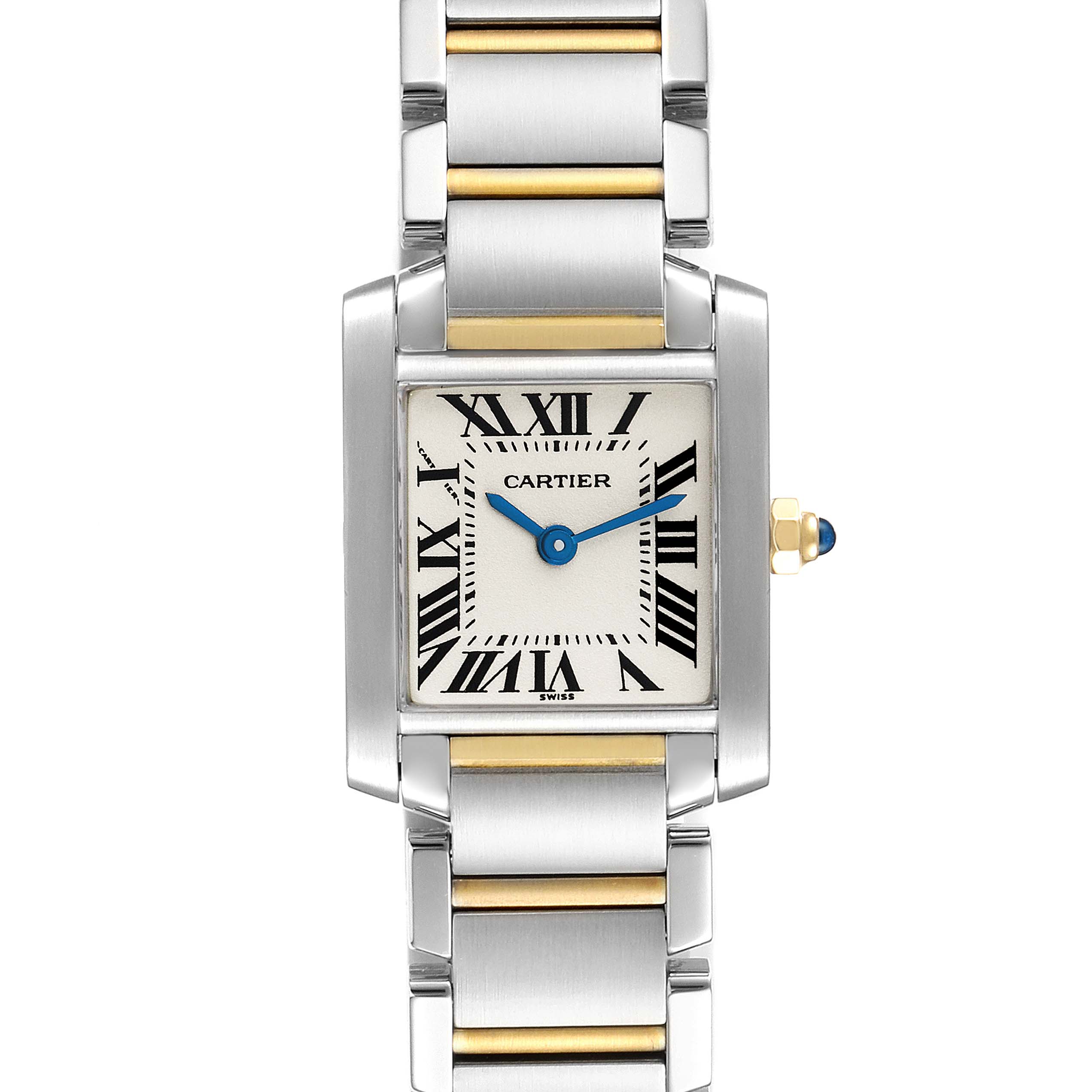 The image shows a front view of the Cartier Tank Francaise W51007Q4 Women's Steel and Gold (two tone) Silver Dial W51007Q4 Women's Steel and Gold (two tone) Silver Dial watch, displaying the face, hands, and bracelet.