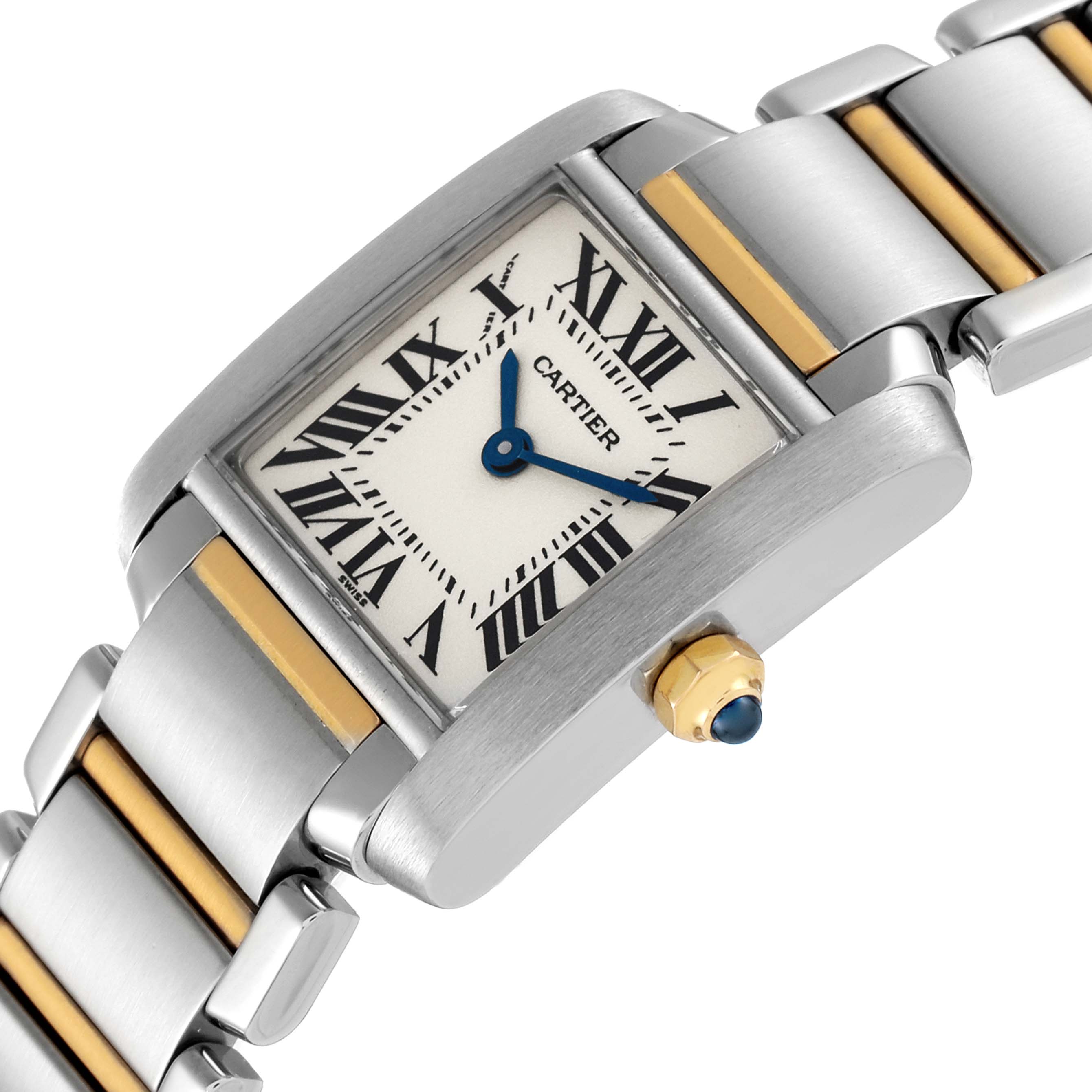 This image shows a close-up of the Cartier Tank Française model watch, highlighting the face, crown, and part of the bracelet.