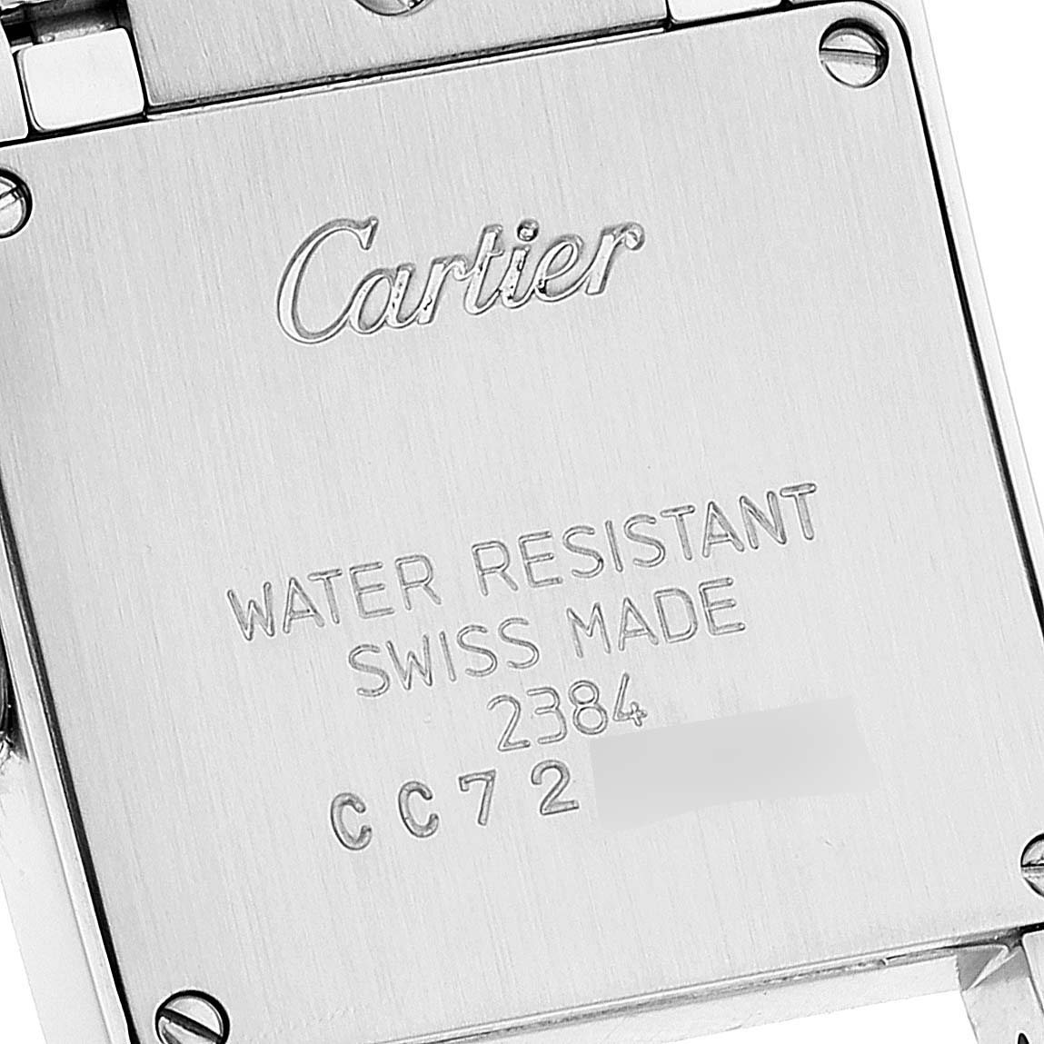 The image shows the back case of a Cartier Tank Francaise W51007Q4 Women's Steel and Gold (two tone) Silver Dial W51007Q4 Women's Steel and Gold (two tone) Silver Dial watch, including the watch's model and water resistance details.