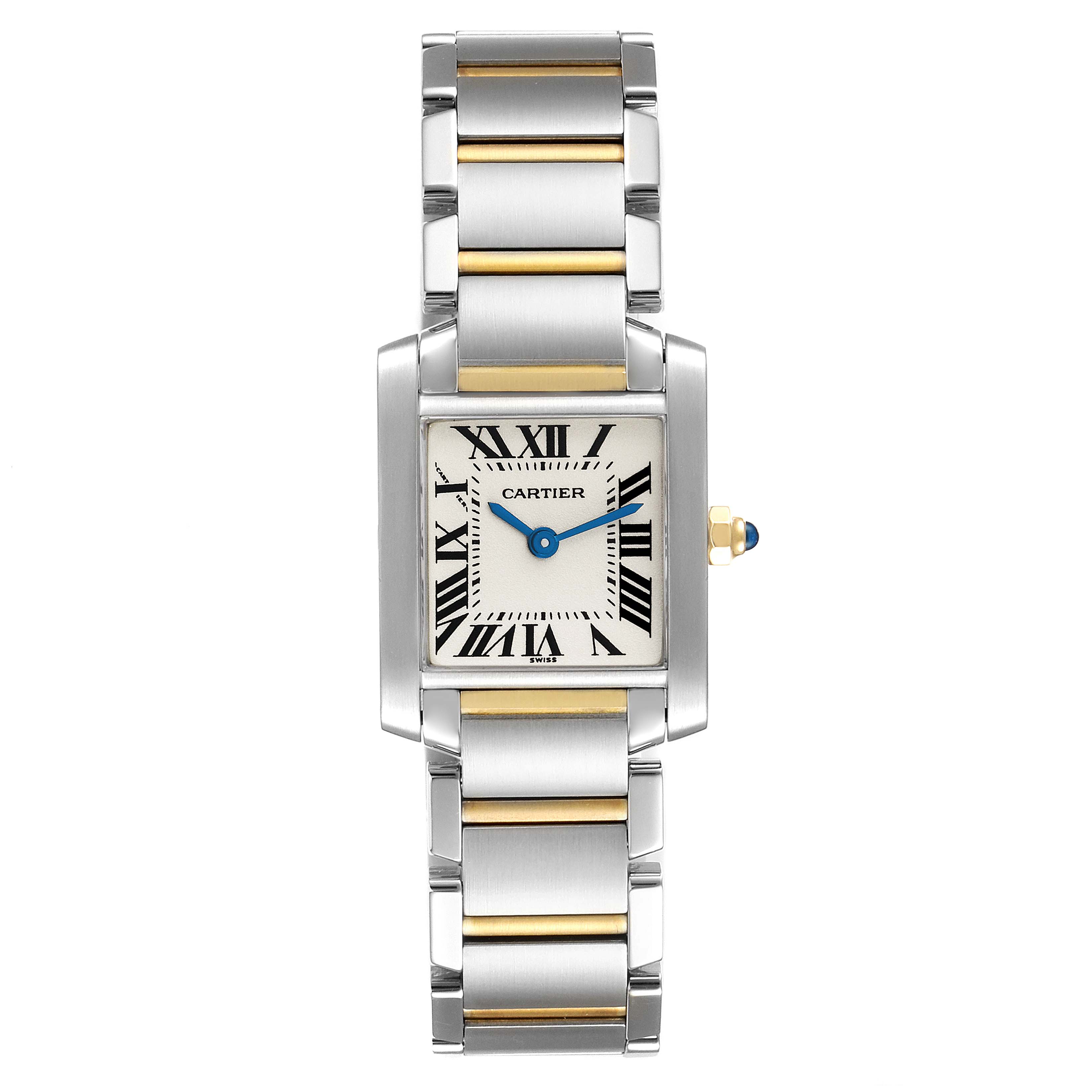 The Cartier Tank Francaise W51007Q4 Women's Steel and Gold (two tone) Silver Dial W51007Q4 Women's Steel and Gold (two tone) Silver Dial watch is shown from the front, displaying the dial, case, and two-tone metal bracelet.