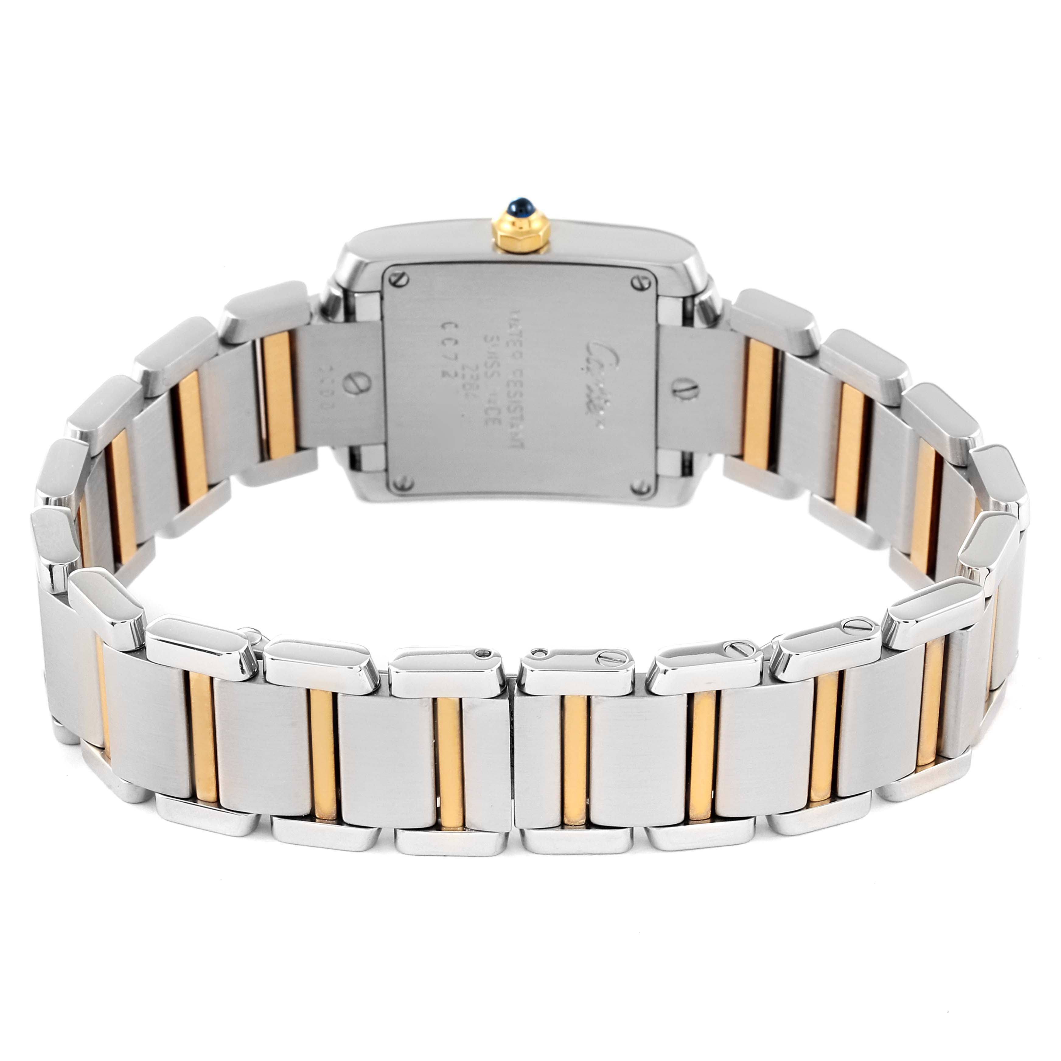 The image shows the back view and metal bracelet of a Cartier Tank Francaise W51007Q4 Women's Steel and Gold (two tone) Silver Dial W51007Q4 Women's Steel and Gold (two tone) Silver Dial watch, featuring a combination of silver and gold links.