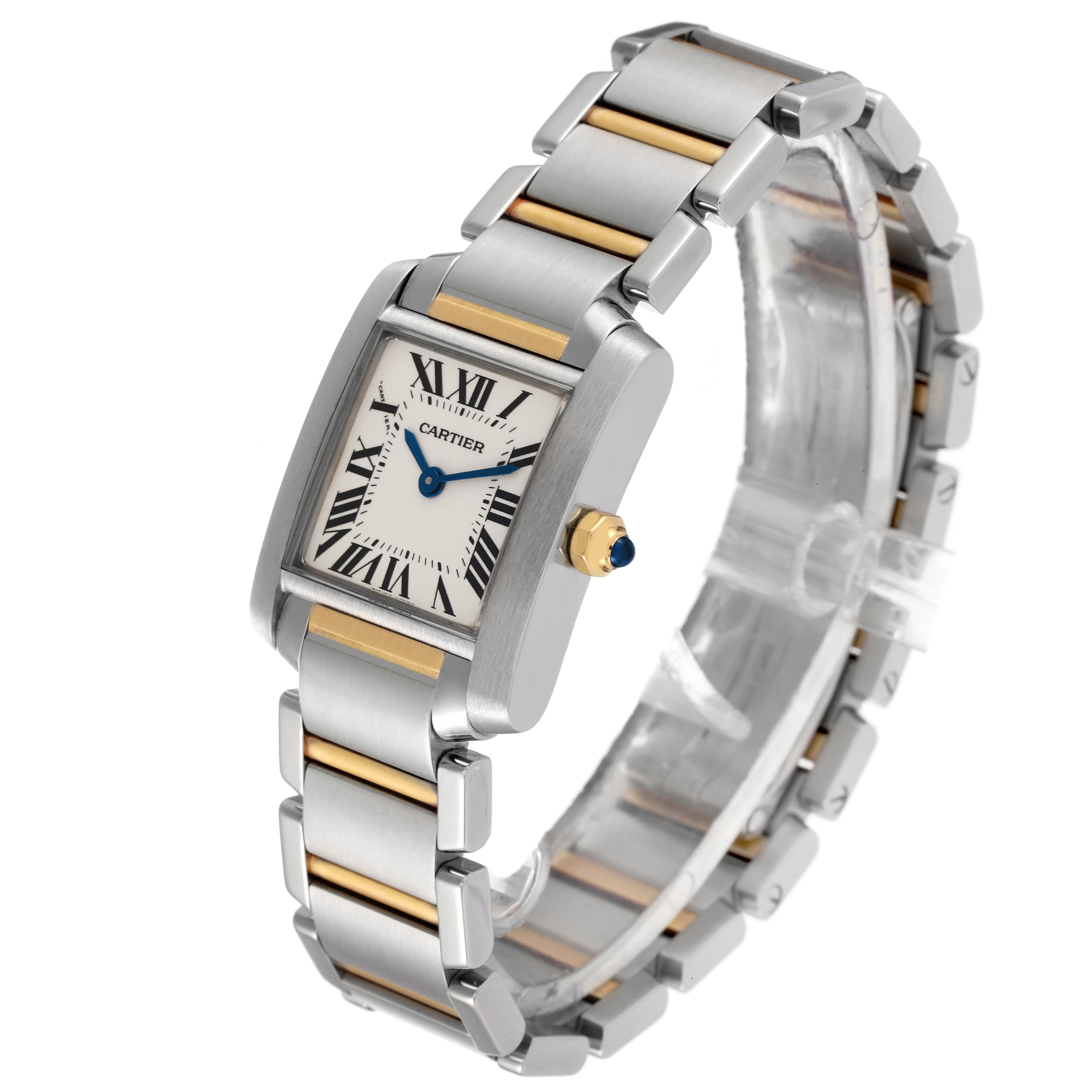 The image shows a Cartier Tank Francaise W51007Q4 Women's Steel and Gold (two tone) Silver Dial W51007Q4 Women's Steel and Gold (two tone) Silver Dial watch at an angled view highlighting the face, crown, and two-tone metal bracelet.