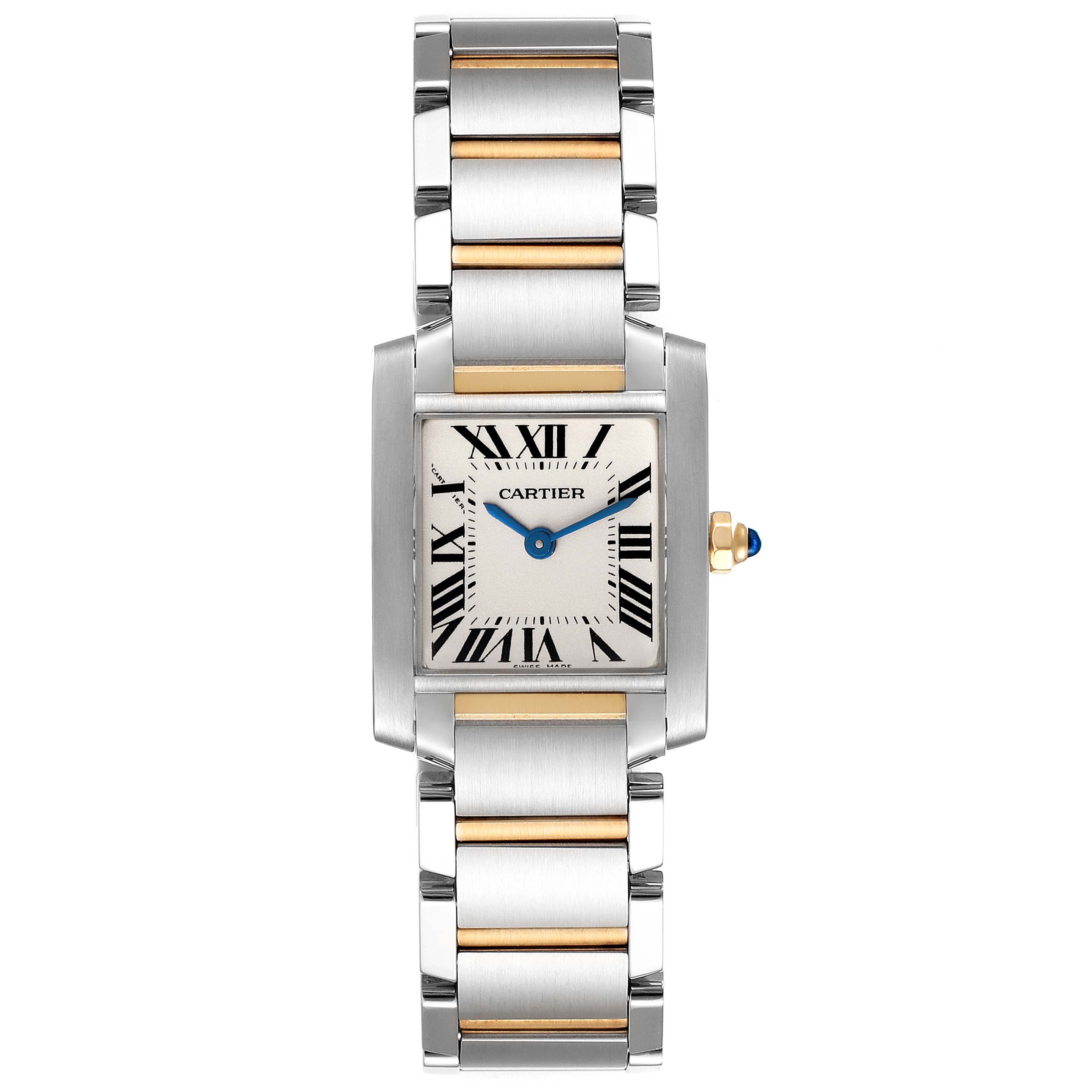 The image shows a front view of the Cartier Tank Francaise W51007Q4 Women's Steel and Gold (two tone) Silver Dial W51007Q4 Women's Steel and Gold (two tone) Silver Dial watch, displaying its rectangular dial and stainless steel with gold bracelet.
