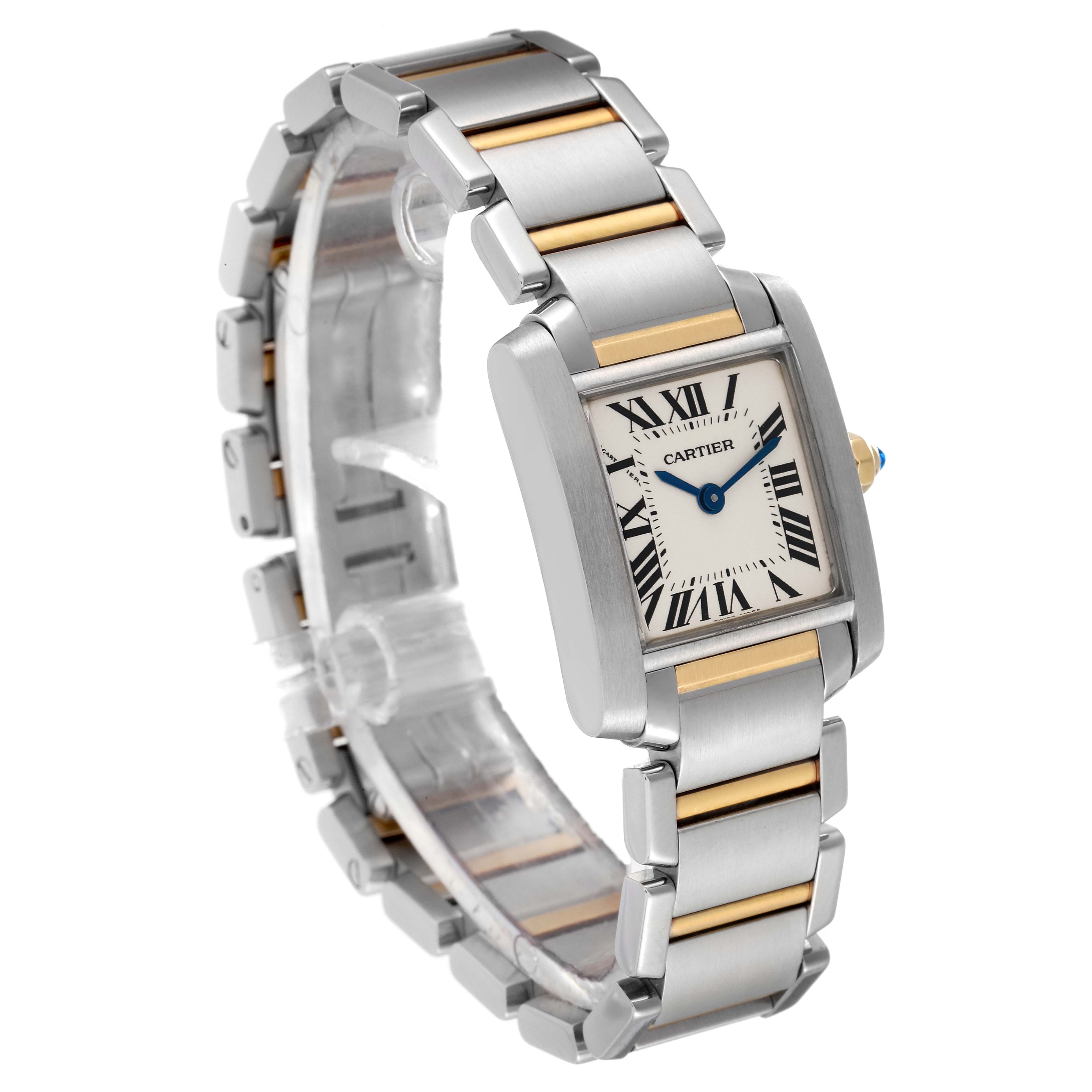 The image shows a three-quarter view of a Cartier Tank Française watch, highlighting its bracelet, bezel, and dial.