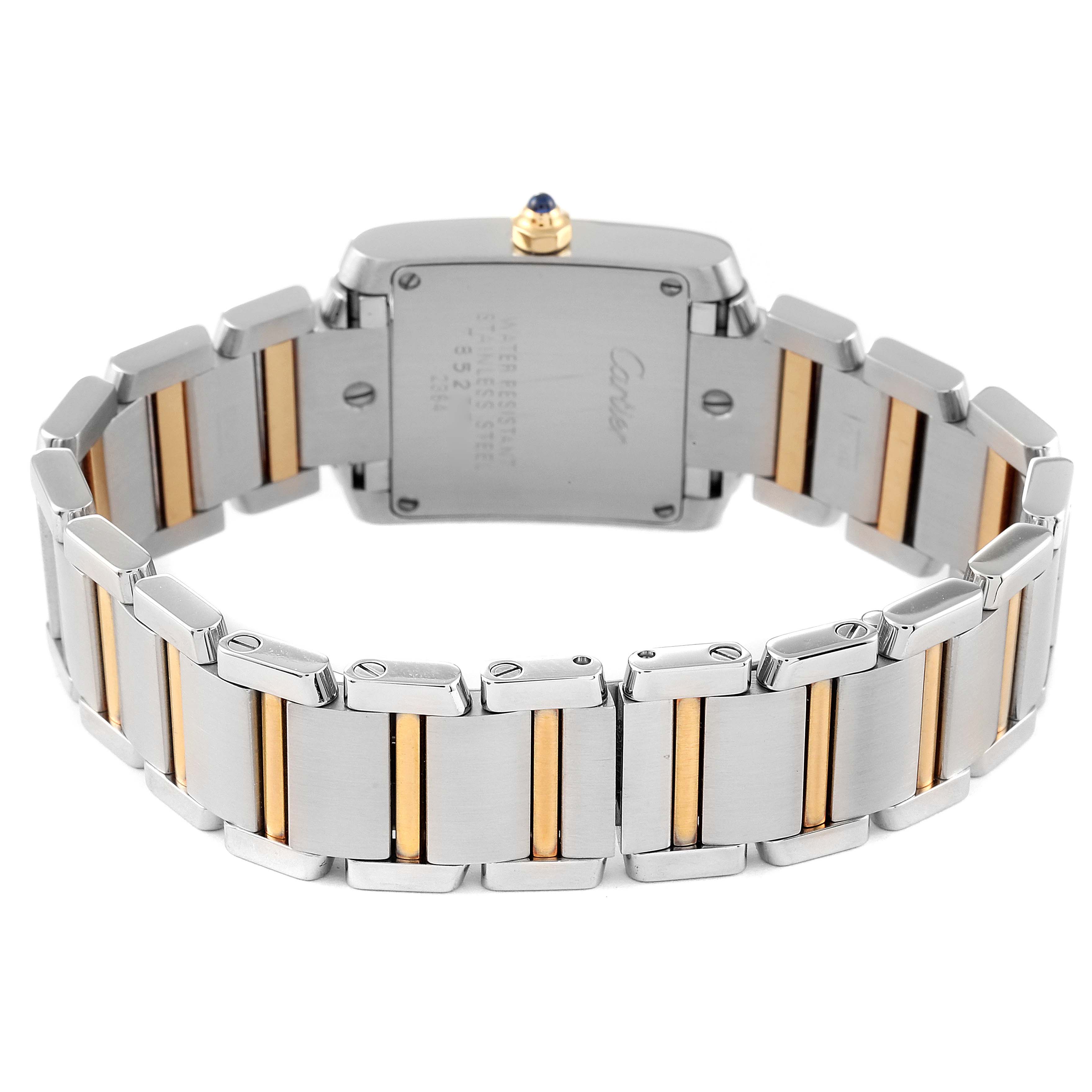 The image shows the back view of the Cartier Tank Francaise W51007Q4 Women's Steel and Gold (two tone) Silver Dial W51007Q4 Women's Steel and Gold (two tone) Silver Dial watch, highlighting the stainless steel and gold link bracelet.