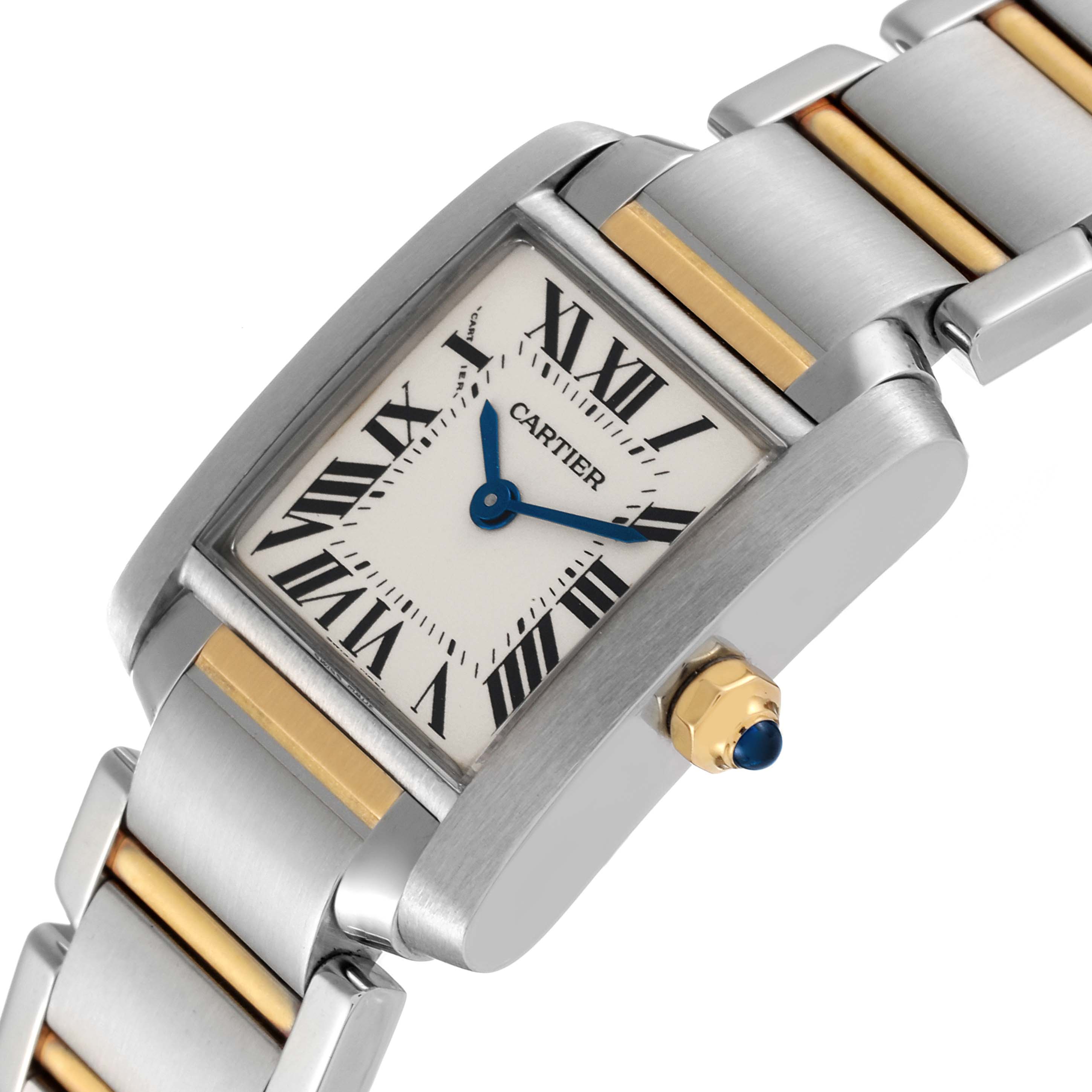 The image shows a close-up angled view of the Cartier Tank Francaise W51007Q4 Women's Steel and Gold (two tone) Silver Dial W51007Q4 Women's Steel and Gold (two tone) Silver Dial watch, highlighting its dial, hands, bezel, and part of the bracelet.