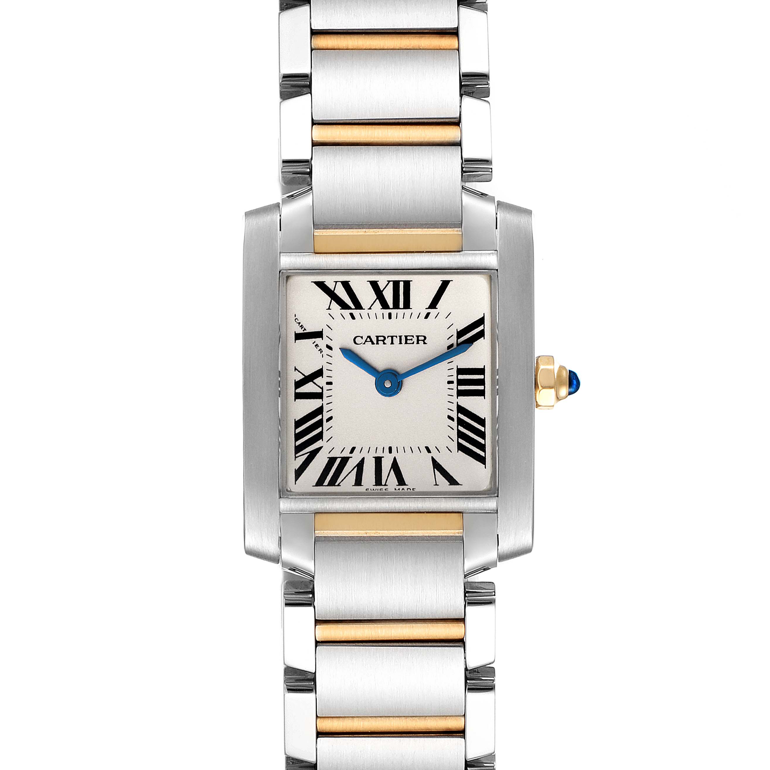 The Cartier Tank Francaise W51007Q4 Women's Steel and Gold (two tone) Silver Dial W51007Q4 Women's Steel and Gold (two tone) Silver Dial watch is shown from a top-down angle, displaying the full face and part of the two-tone metal bracelet.