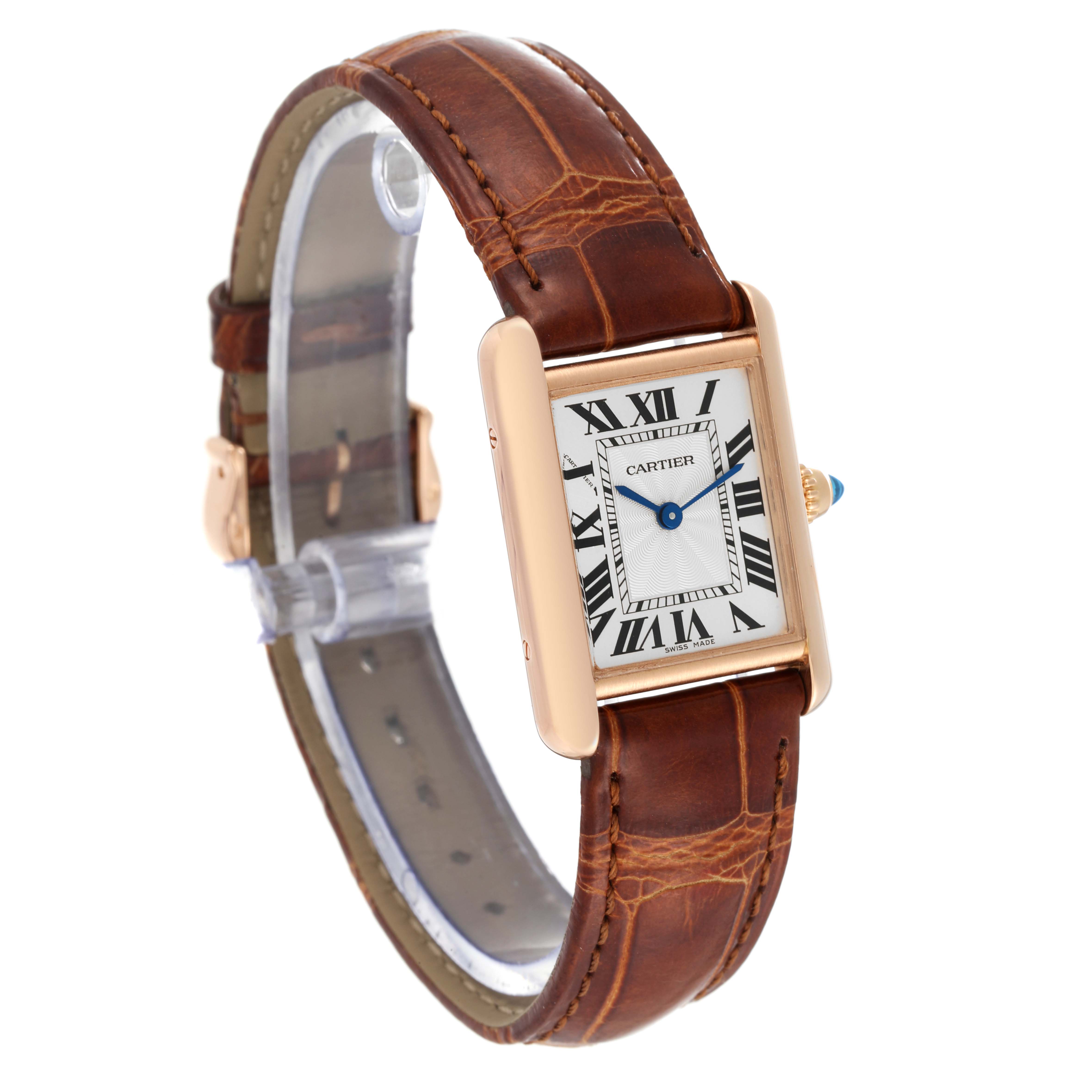 The Cartier Tank Louis WGTA0010 Women's Rose Gold Silver Dial WGTA0010 Women's Rose Gold Silver Dial watch is shown at a slight angle highlighting the face, strap, and crown.