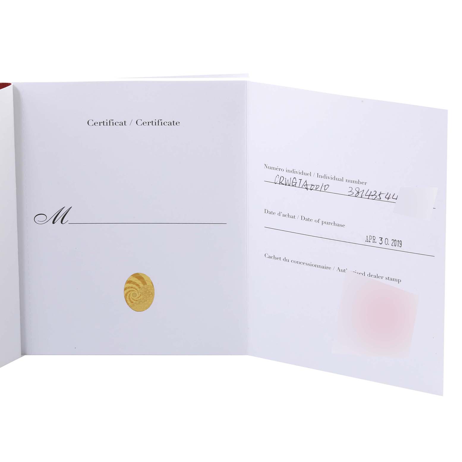 This image shows an opened booklet containing the certificate and purchase information for the Cartier Tank Louis WGTA0010 Women's Rose Gold Silver Dial WGTA0010 Women's Rose Gold Silver Dial watch.