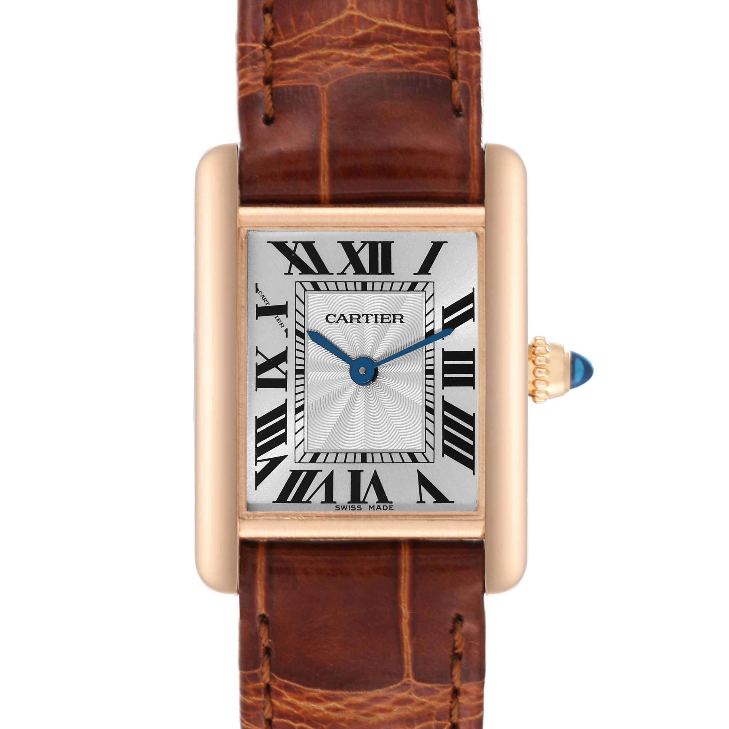 The image shows a front view of a Cartier Tank Louis WGTA0010 Women's Rose Gold Silver Dial WGTA0010 Women's Rose Gold Silver Dial watch, displaying the face, dial, and part of the brown leather strap.