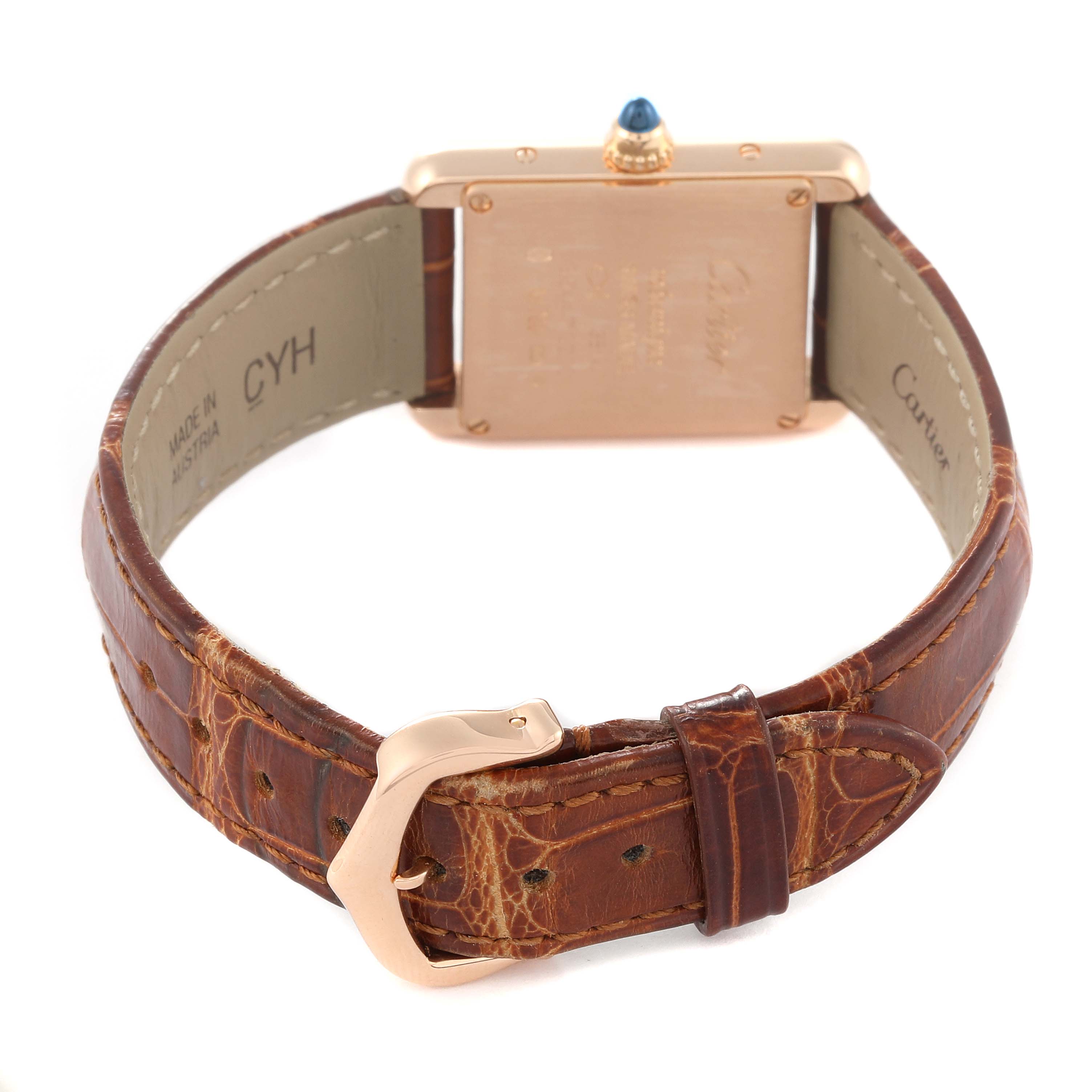 The image shows the back view of the Cartier Tank Louis WGTA0010 Women's Rose Gold Silver Dial WGTA0010 Women's Rose Gold Silver Dial watch, highlighting the strap and buckle.