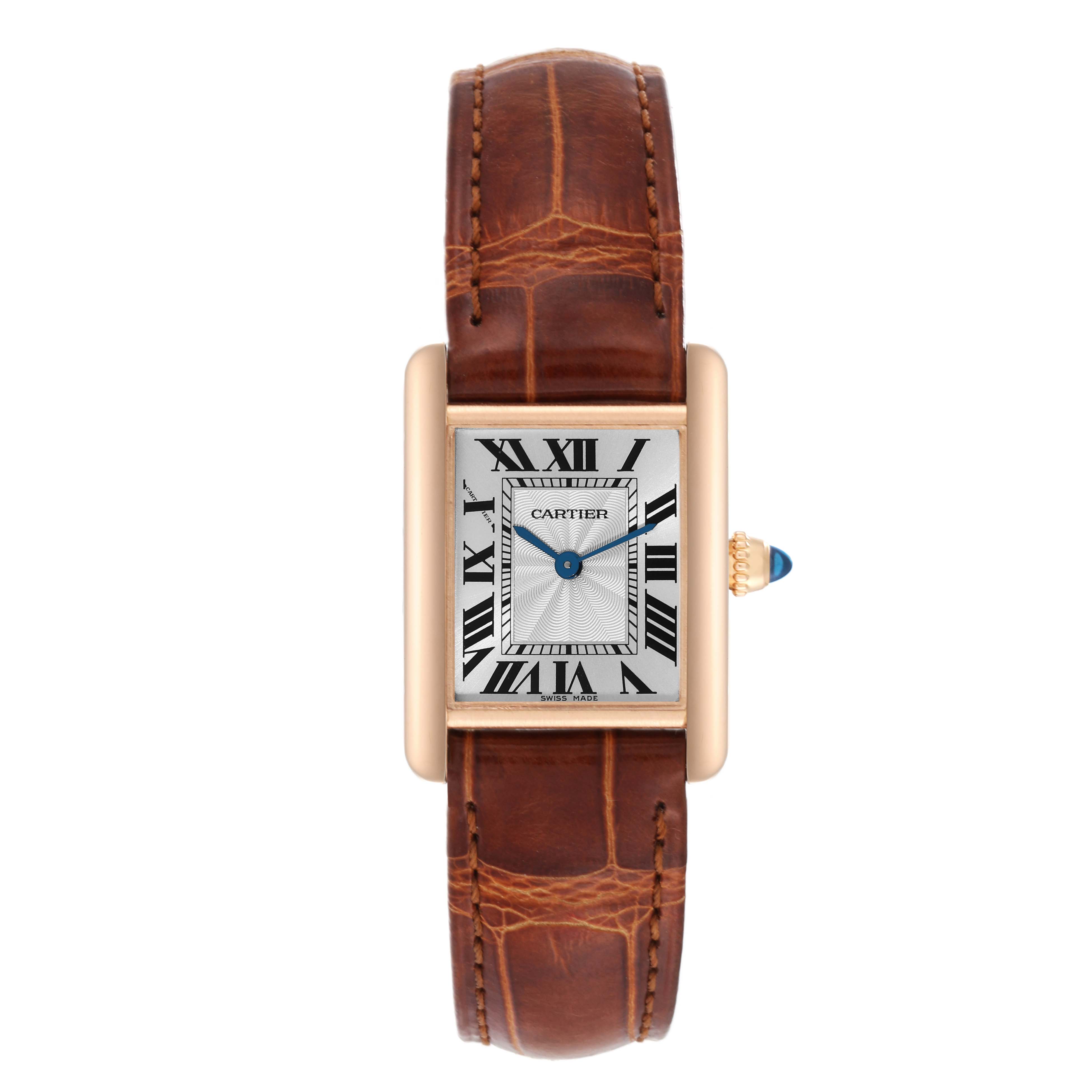 The image shows a frontal view of the Tank Louis model watch by Cartier, displaying its face, case, and leather strap.