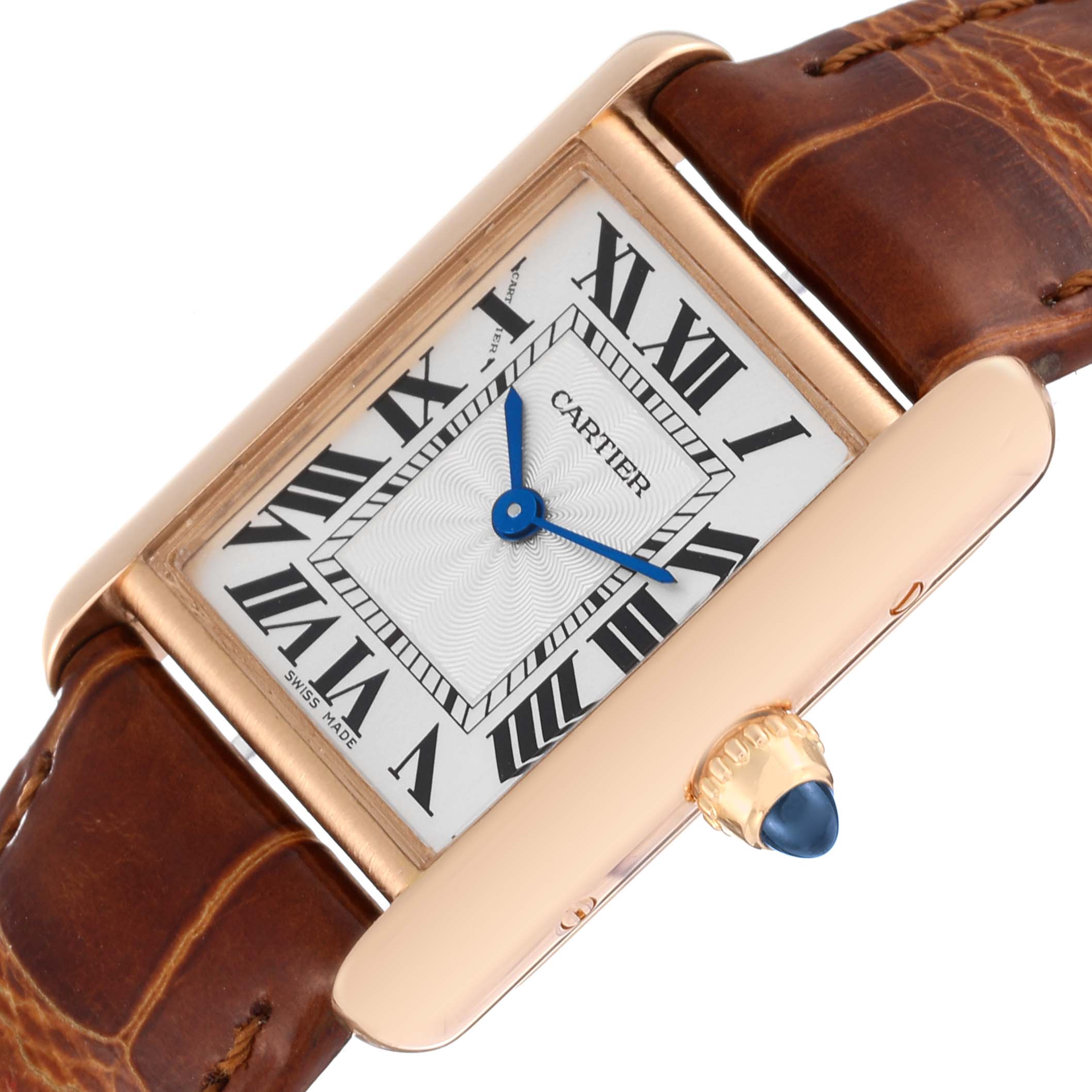 This is a close-up view of a Cartier Tank Louis WGTA0010 Women's Rose Gold Silver Dial WGTA0010 Women's Rose Gold Silver Dial watch, showing the dial, Roman numerals, blue hands, crown, and strap.