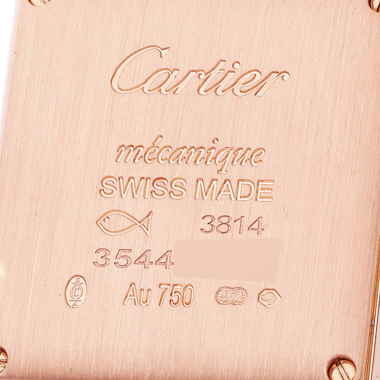 This image shows the back case of the Cartier Tank Louis WGTA0010 Women's Rose Gold Silver Dial WGTA0010 Women's Rose Gold Silver Dial watch, displaying engravings and hallmarks.