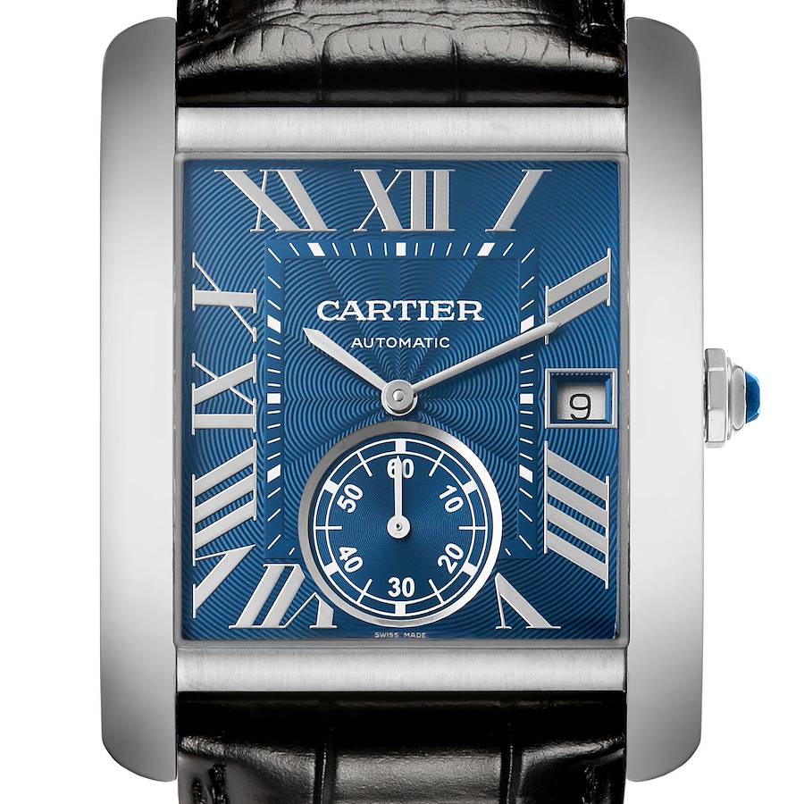 The Cartier Tank MC WSTA0010 Men's Stainless Steel Blue Dial watch is shown from a front angle, displaying the blue dial, Roman numerals, sub-dial, and strap.