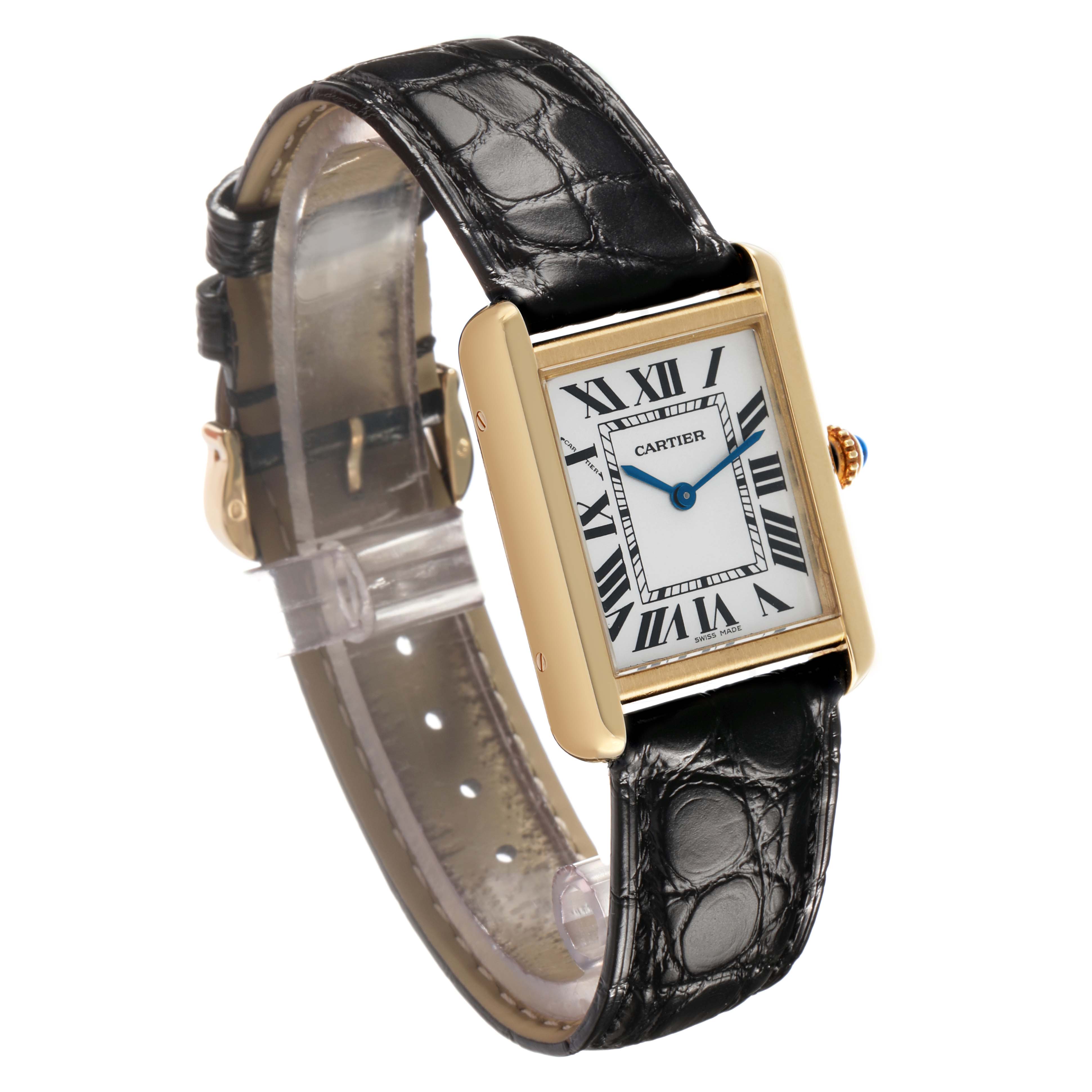 The Cartier Tank Solo W1018755 Women's Steel and Gold (two tone) Silver Dial watch is shown from a three-quarter angle, highlighting the rectangular case, black leather strap, and Roman numeral dial.
