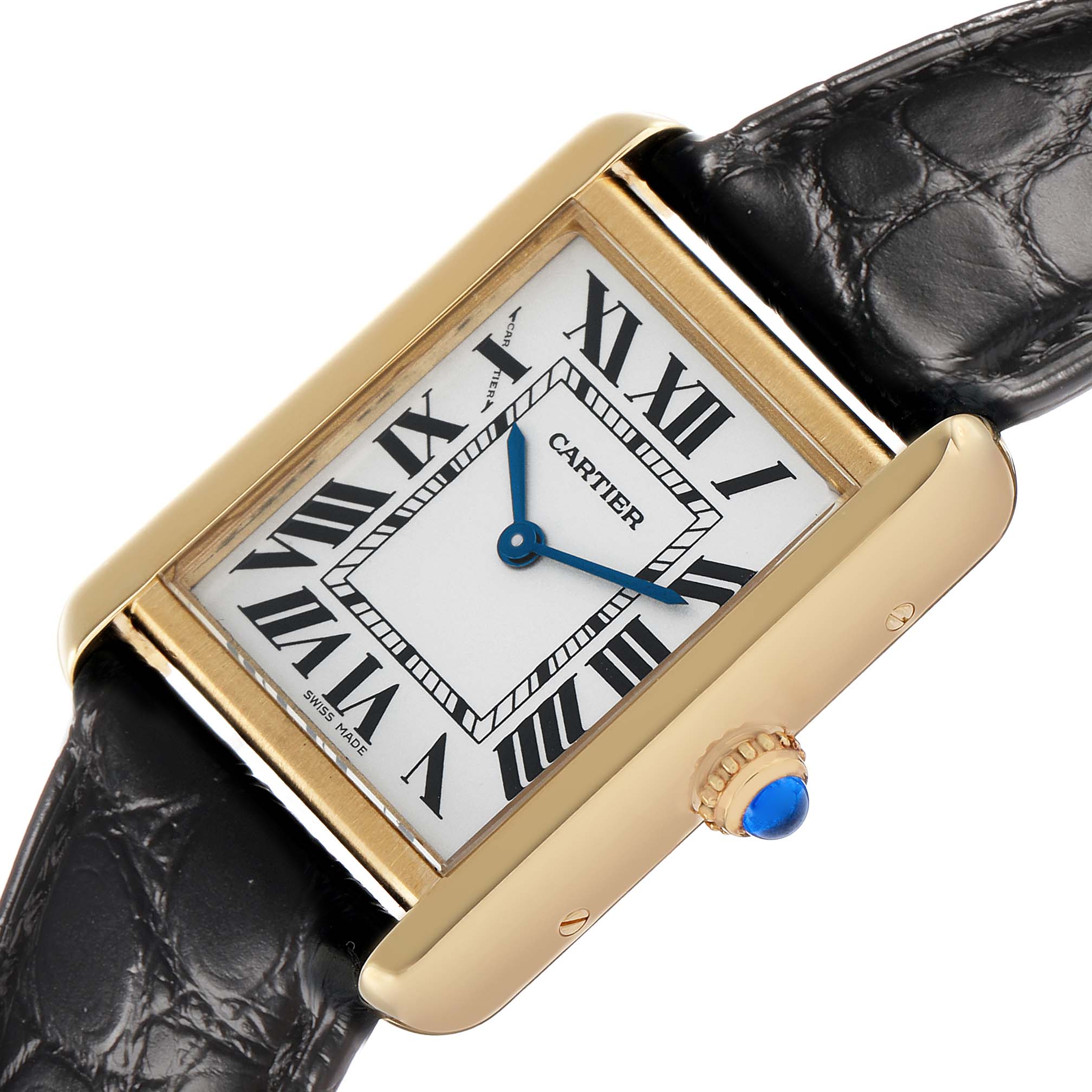 The Cartier Tank Solo W1018755 Women's Steel and Gold (two tone) Silver Dial watch is shown at an angled view, highlighting its gold case, blue hands, Roman numerals, and black leather strap.