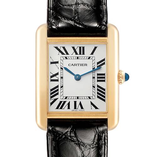 The Cartier Tank Solo W1018755 Women's Steel and Gold (two tone) Silver Dial watch is shown from a top-down angle, highlighting the face, Roman numerals, and leather strap.