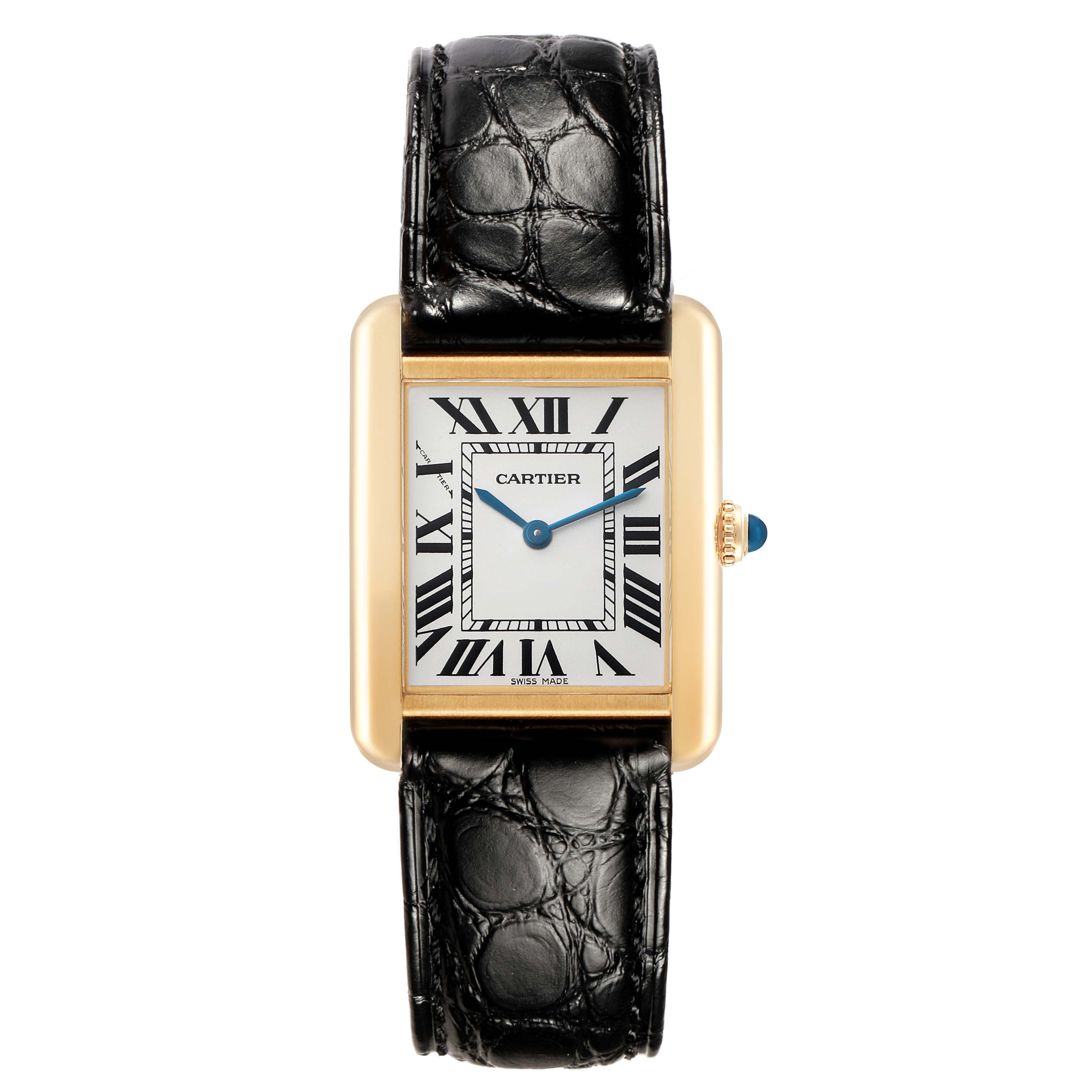 The Cartier Tank Solo W1018755 Women's Steel and Gold (two tone) Silver Dial watch is shown from a front view, displaying its rectangular face, Roman numerals, and leather strap.