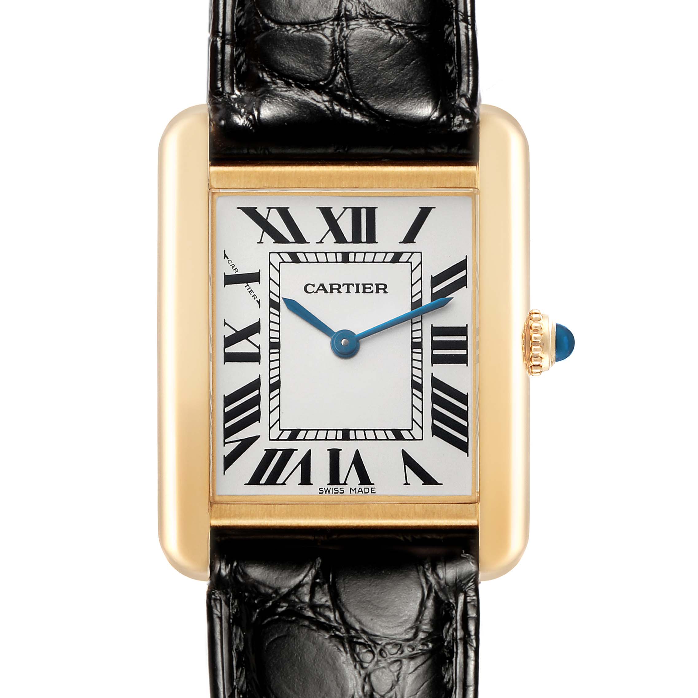 The Cartier Tank Solo W1018755 Women's Steel and Gold (two tone) Silver Dial watch is shown from a front angle, highlighting its gold case, Roman numeral dial, and black leather strap.