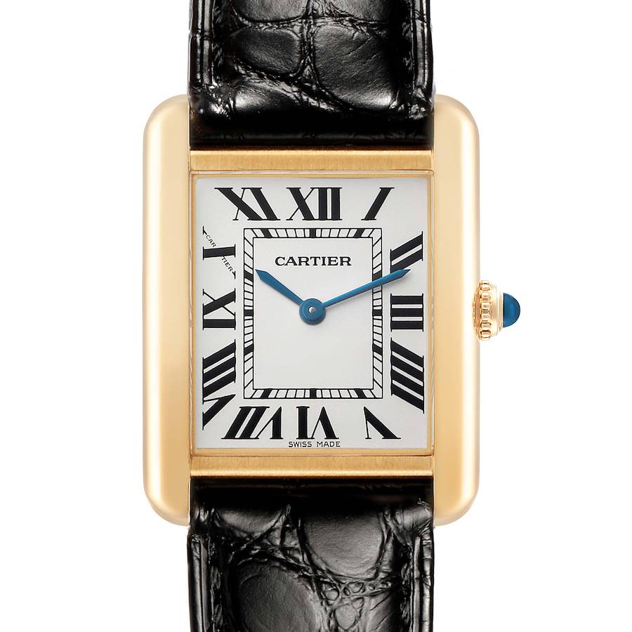 The Cartier Tank Solo W1018755 Women's Steel and Gold (two tone) Silver Dial watch is shown from a front angle, highlighting its gold case, Roman numeral dial, and black leather strap.