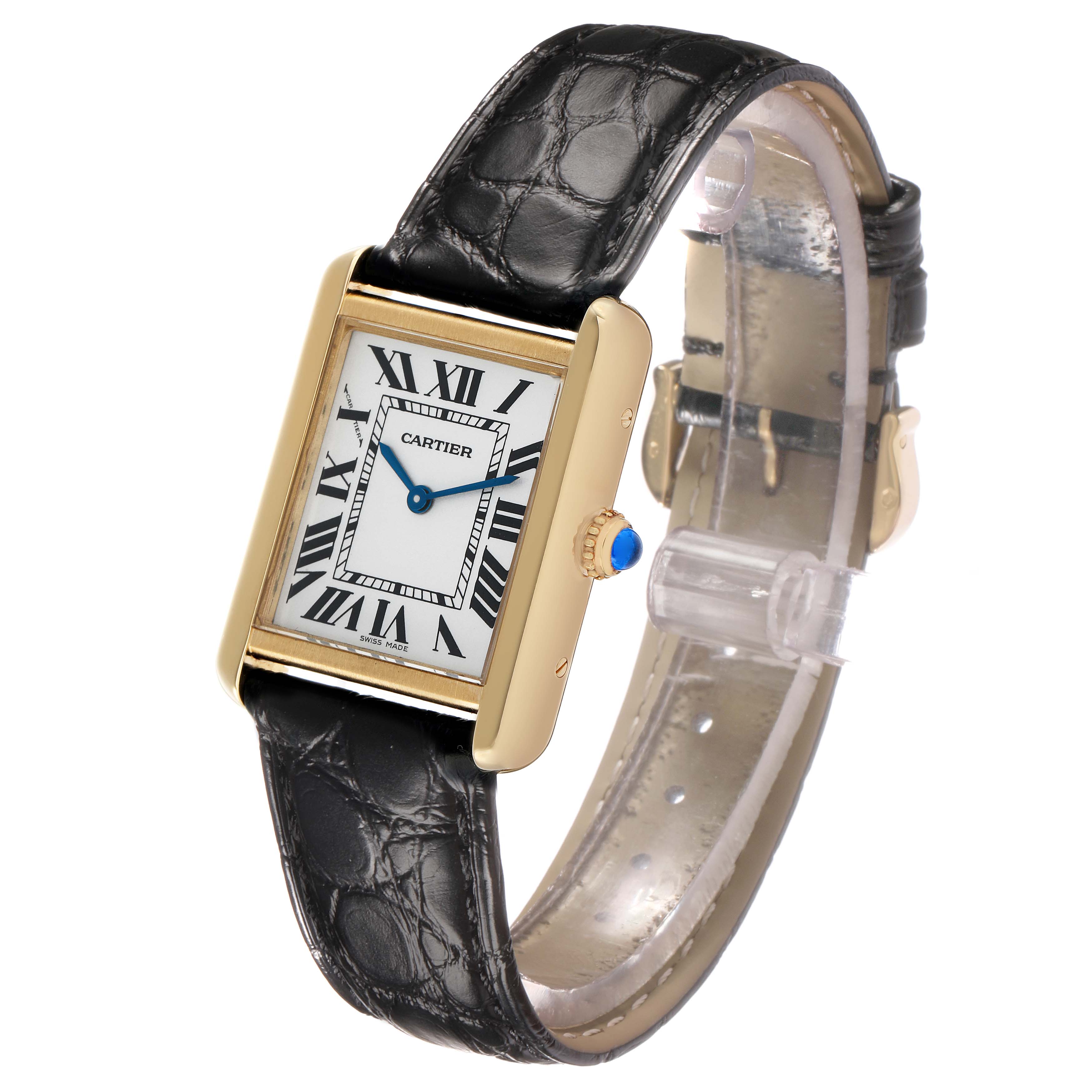 The Cartier Tank Solo W1018755 Women's Steel and Gold (two tone) Silver Dial watch is shown at a three-quarter angle, highlighting the face, leather strap, and crown.