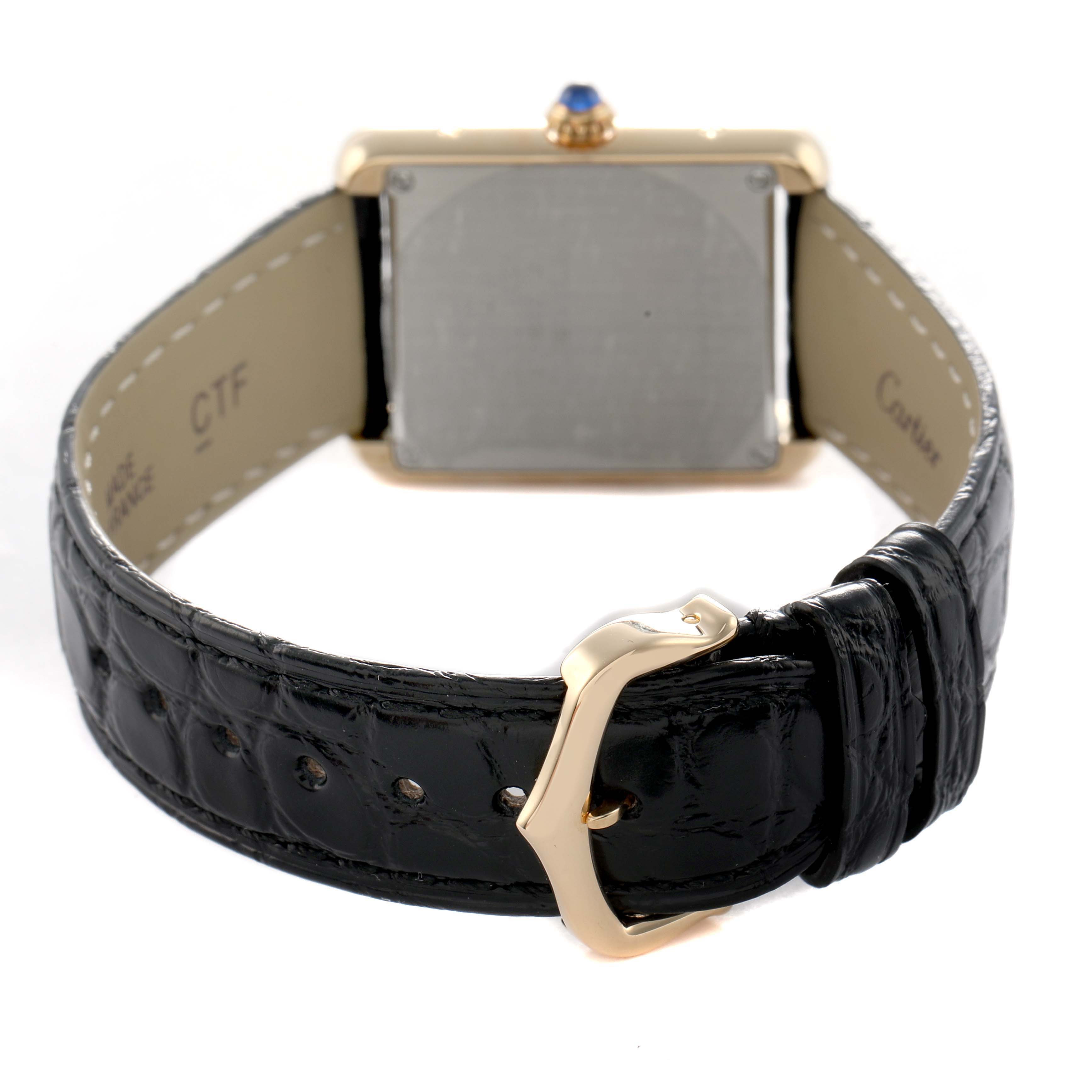 The image shows the back view of a Cartier Tank Solo W1018755 Women's Steel and Gold (two tone) Silver Dial watch, focusing on the case, strap, and buckle.