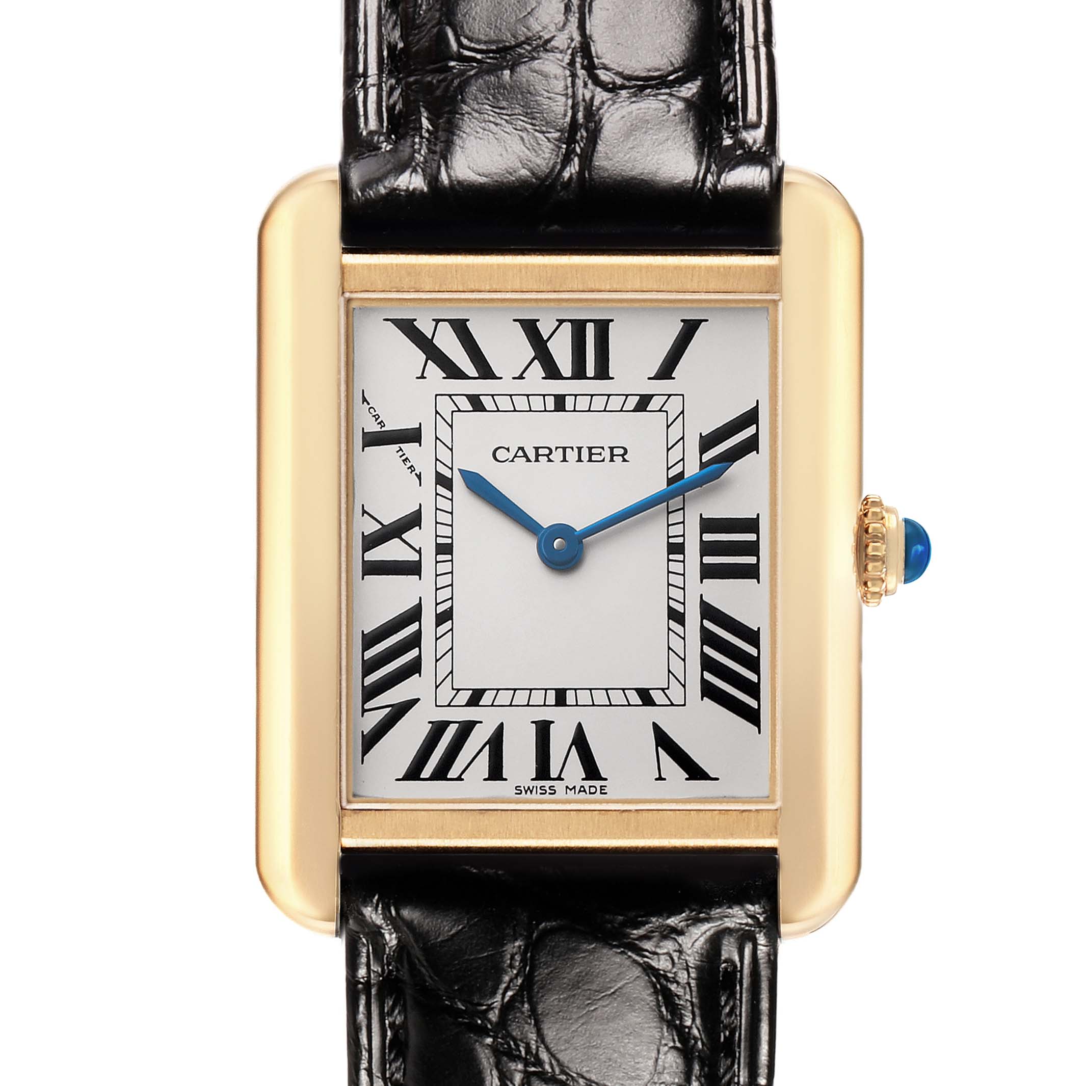 The Cartier Tank Solo W5200002 Women's Steel and Gold (two tone) Silver Dial watch is shown front-facing, highlighting the dial, Roman numerals, blue hands, and crown with a blue cabochon.
