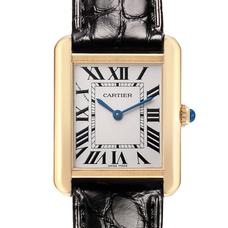 The Cartier Tank Solo W5200002 Women's Steel and Gold (two tone) Silver Dial watch is shown front-facing, highlighting the dial, Roman numerals, blue hands, and crown with a blue cabochon.