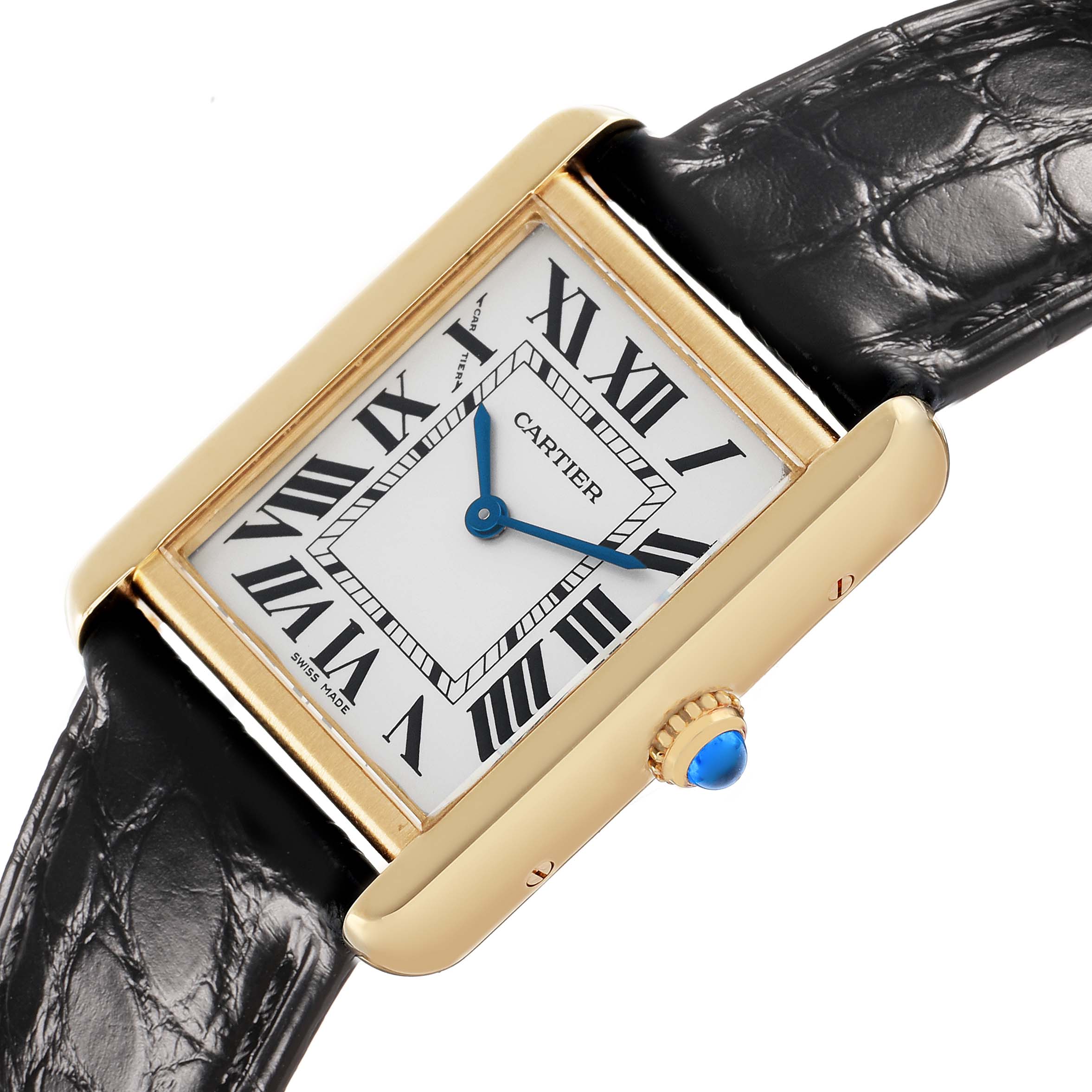 The Cartier Tank Solo W5200002 Women's Steel and Gold (two tone) Silver Dial watch is shown at a slight angle, highlighting its rectangular case, white dial, Roman numerals, and leather strap.